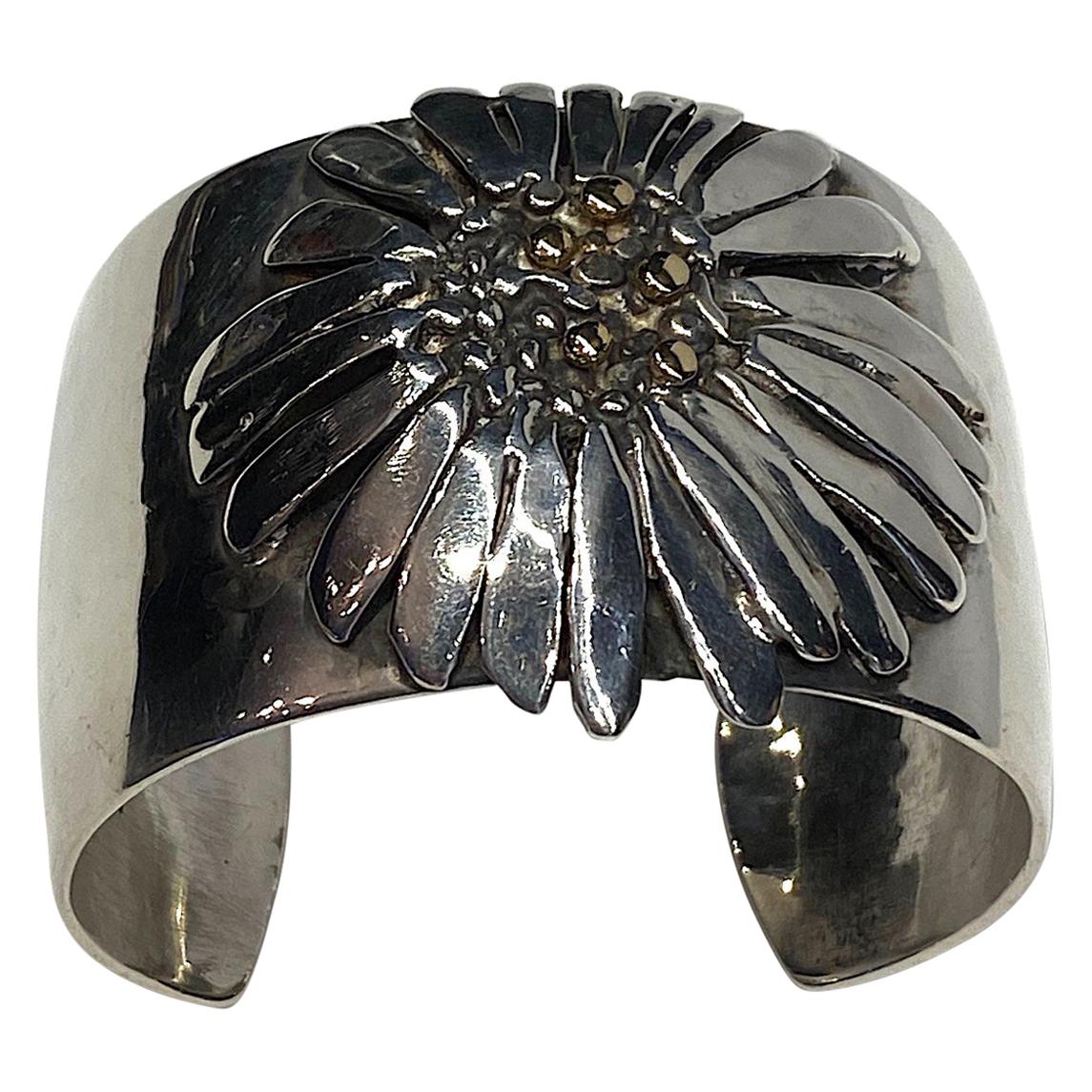 Flower Design Cuff Bracelet in Sterling Silver, Marked Parlos For Sale