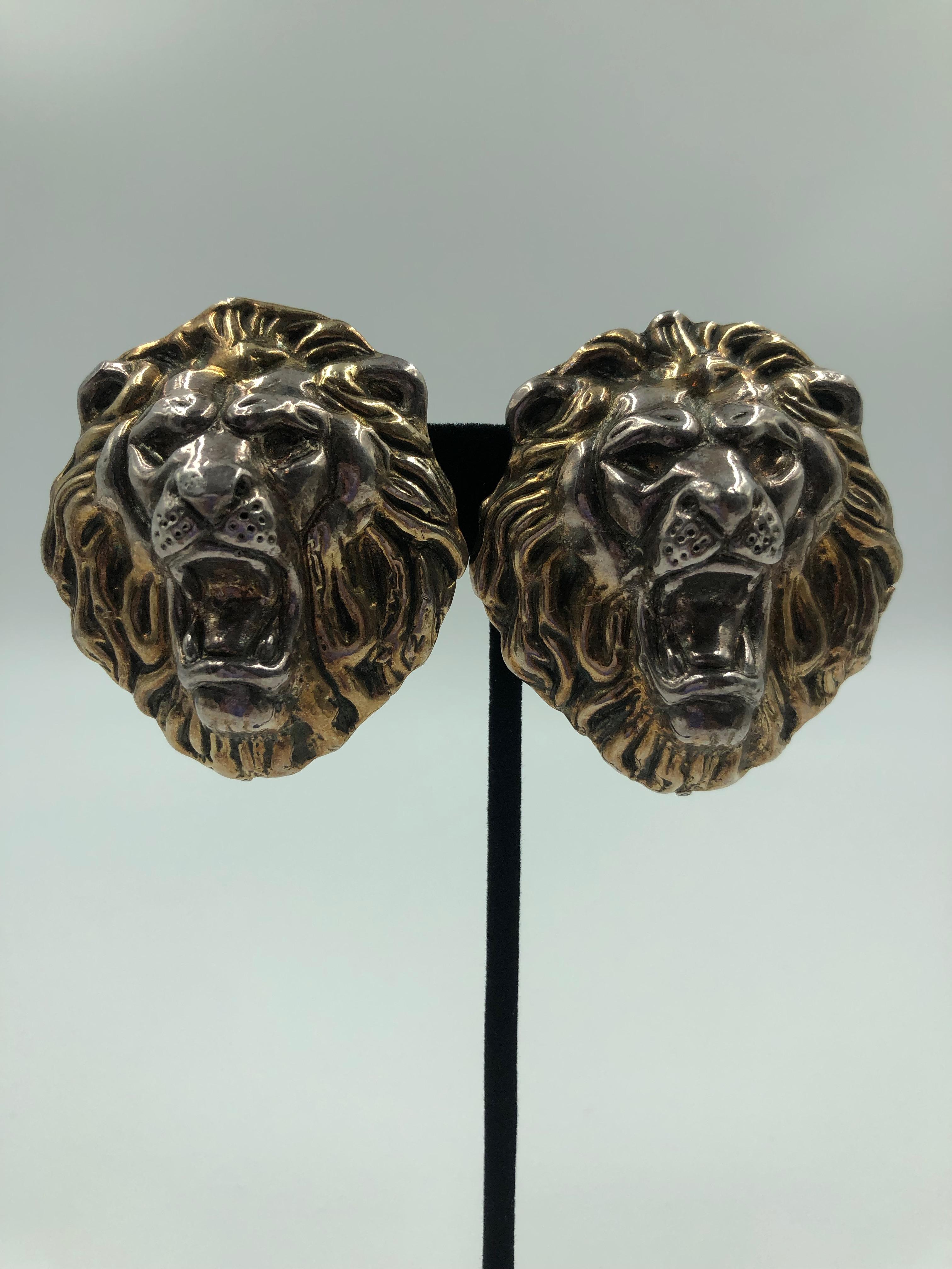 1980's Sterling Silver Lion Face Clip On Earrings In Good Condition In Los Angeles, CA