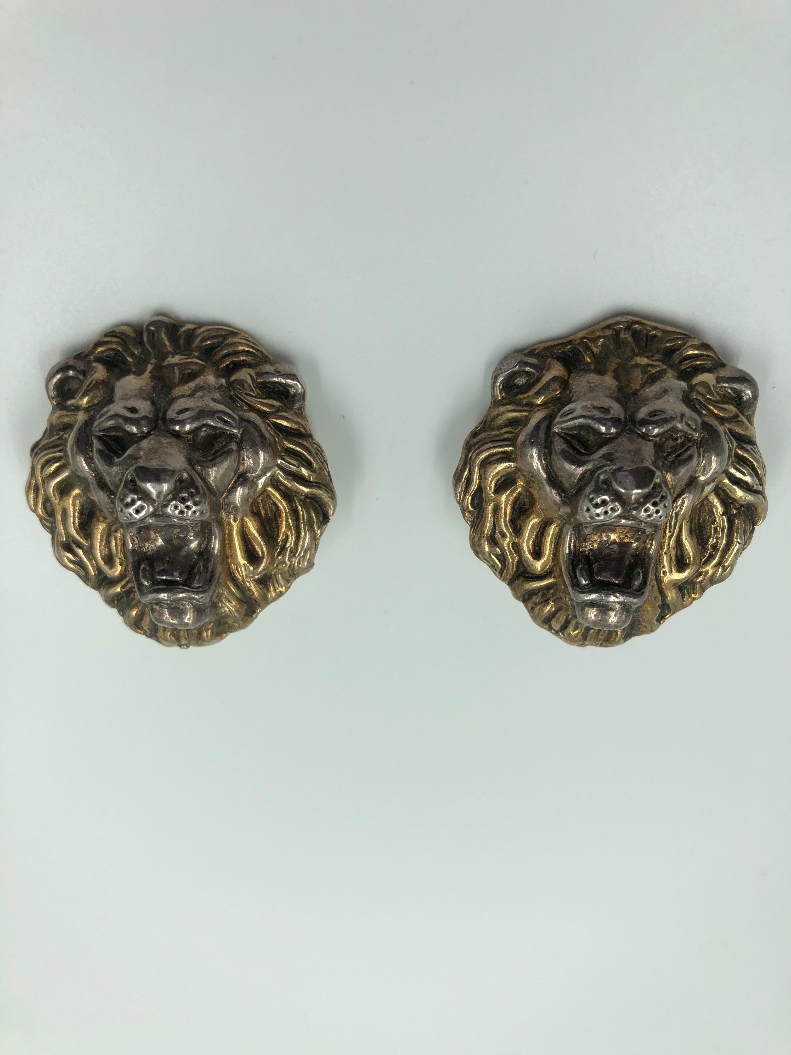 Women's or Men's 1980's Sterling Silver Lion Face Clip On Earrings
