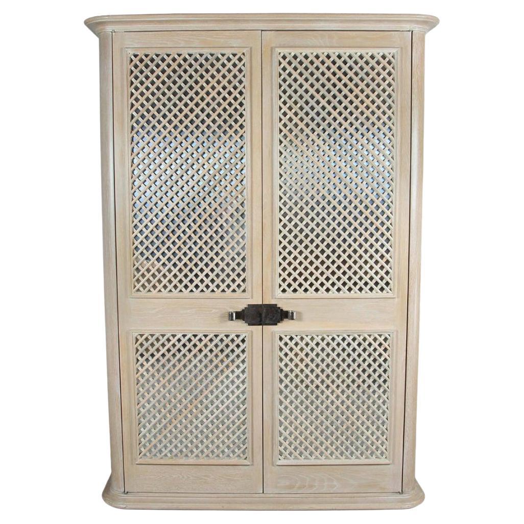 1980s Steve Chase Bleached Oak Mirrored Lattice Front Armoire For Sale