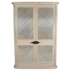 1980s Steve Chase Bleached Oak Mirrored Lattice Front Armoire