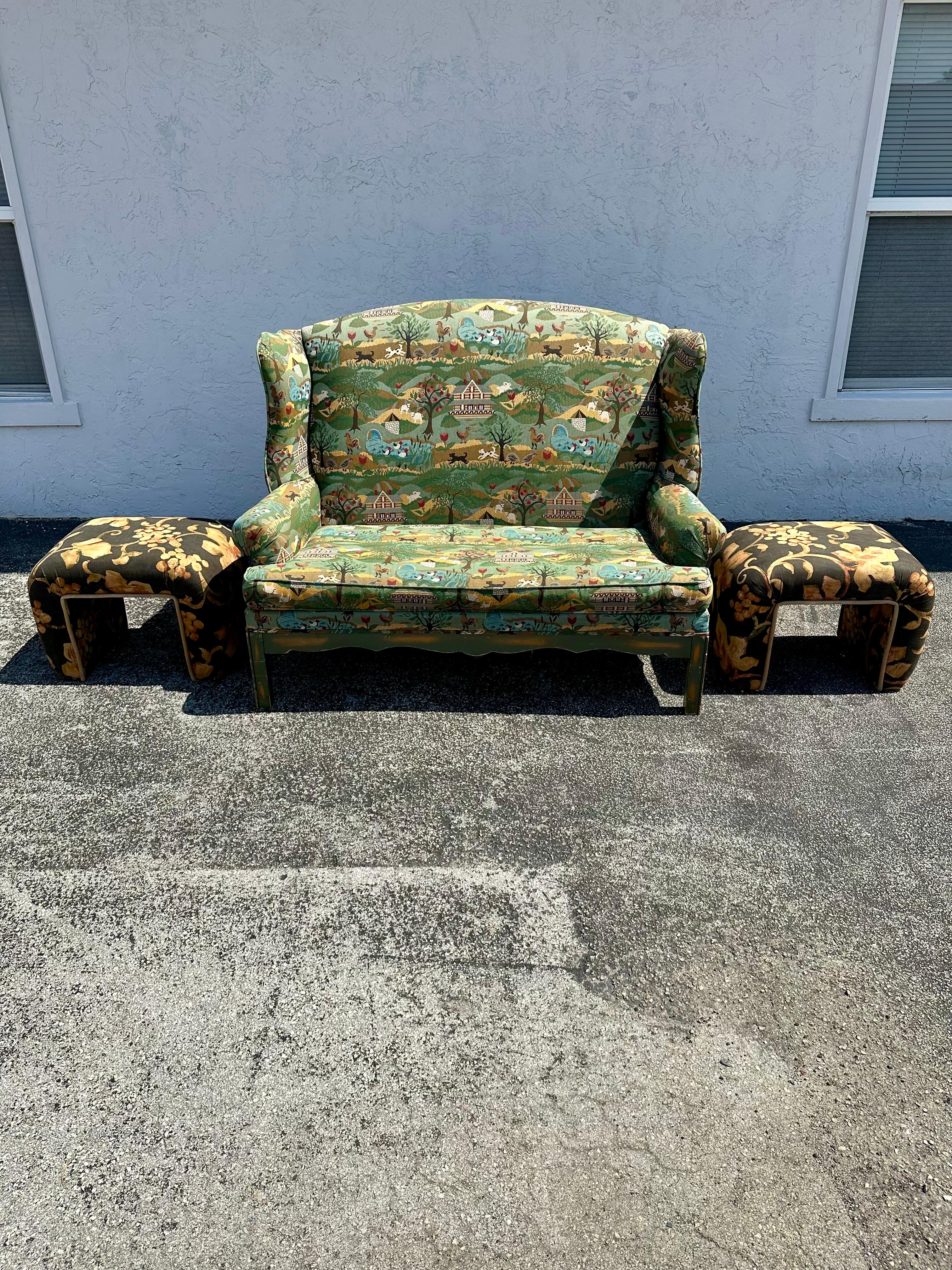 1980 Steve Chase Waterfall Black Gold Floral Chintz Benches Stools , Set of 2 en vente 3