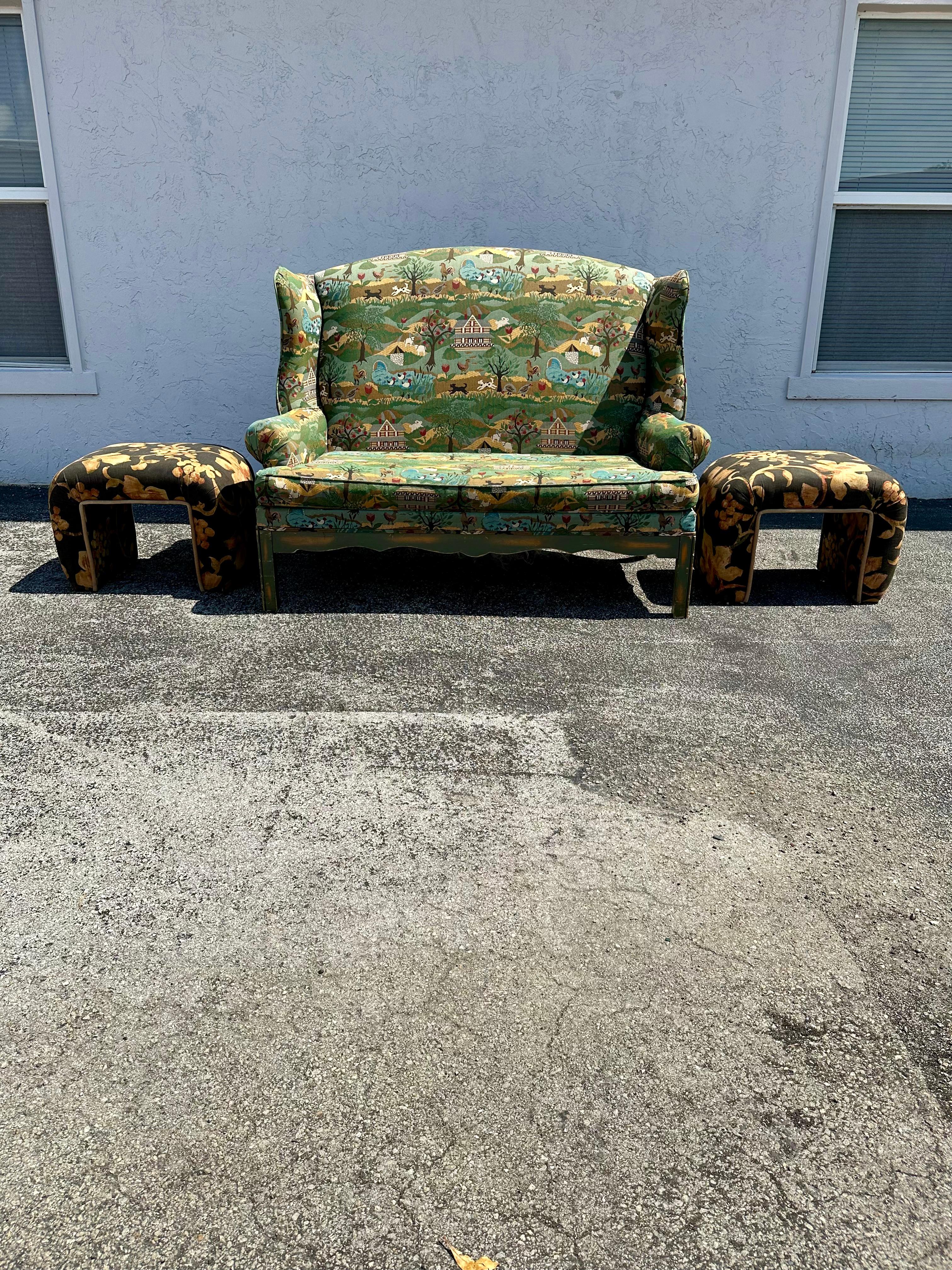 1980 Steve Chase Waterfall Black Gold Floral Chintz Benches Stools , Set of 2 en vente 4