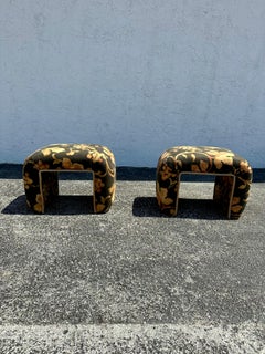 1980 Steve Chase Waterfall Black Gold Floral Chintz Benches Stools , Set of 2