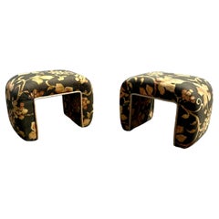 1980 Steve Chase Waterfall Black Gold Floral Chintz Benches Stools , Set of 2