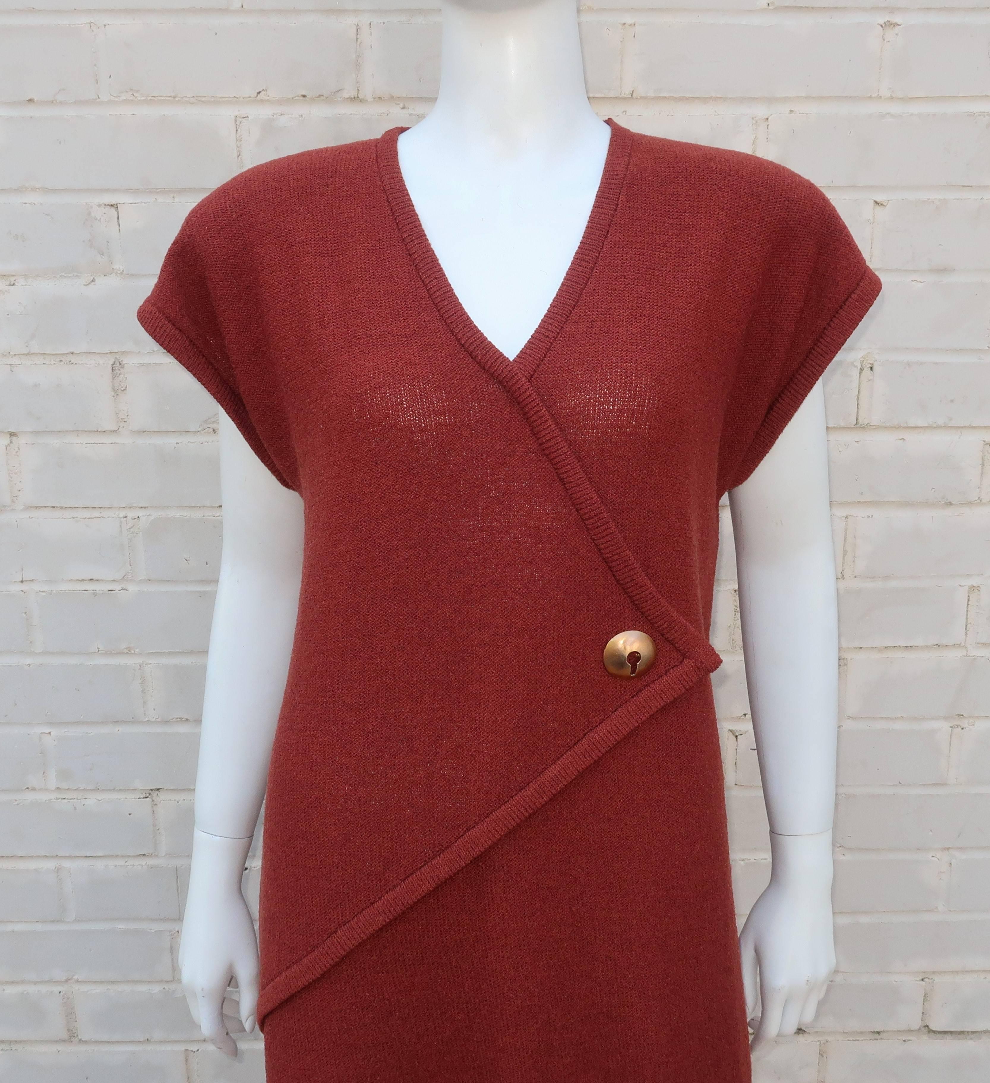 Brown 1980's Steve Fabrikant Knit Sheath Dress With Keyhole Button
