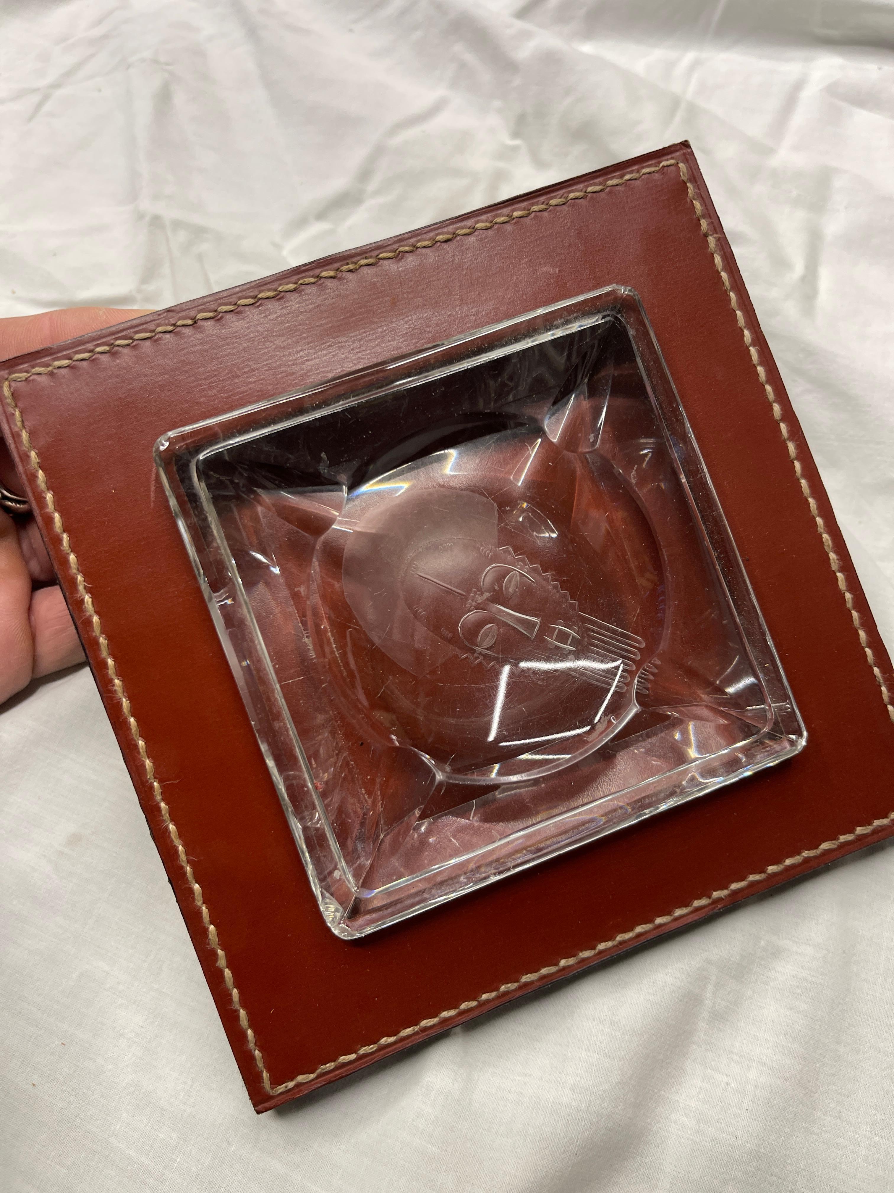 Crystal 1980's Stitched leather and glass ashtray by Maison Hermès For Sale