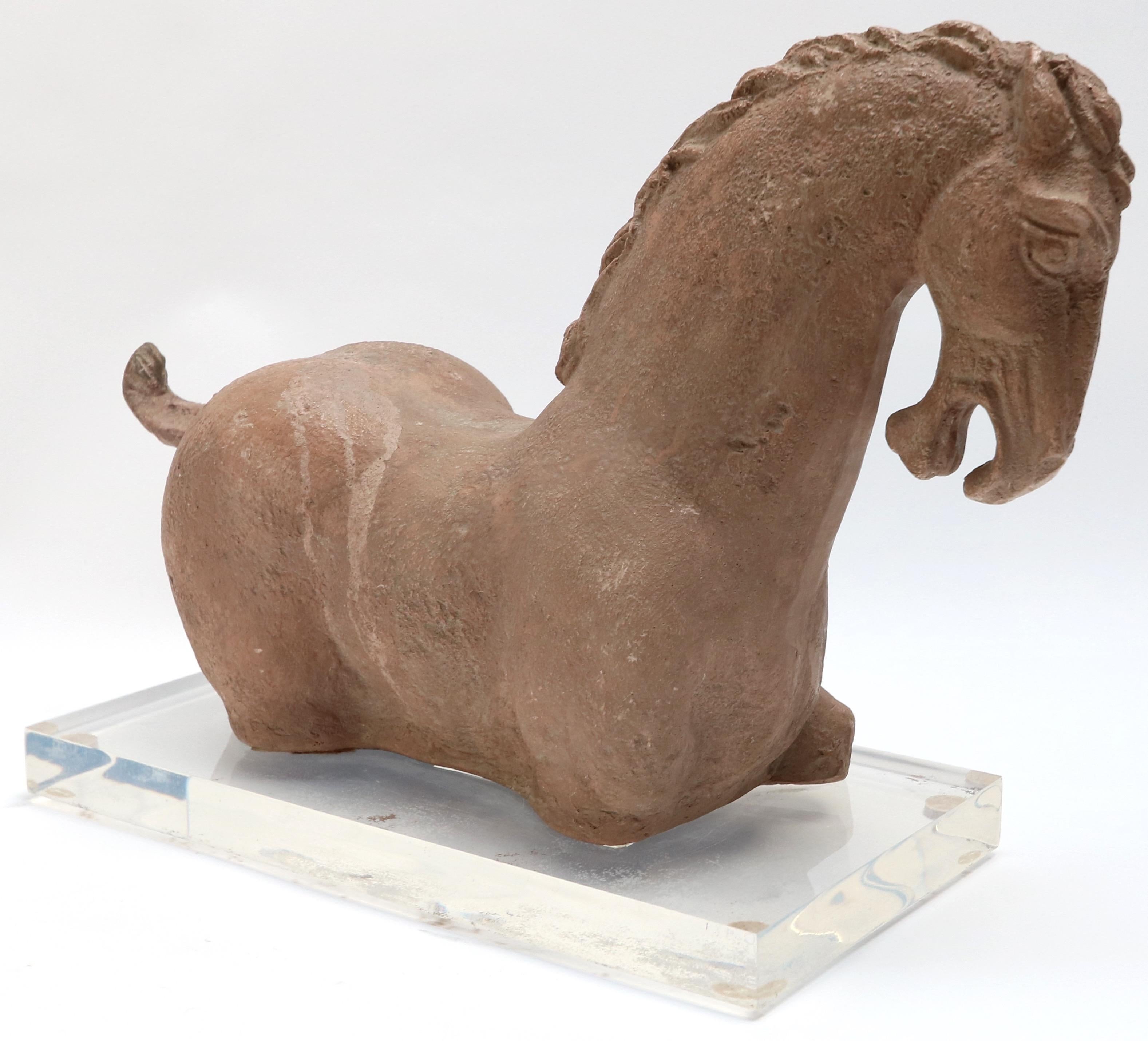 Brazilian Tan Stone Horse Sculpture on a Clear Acrylic Base, 1980s For Sale