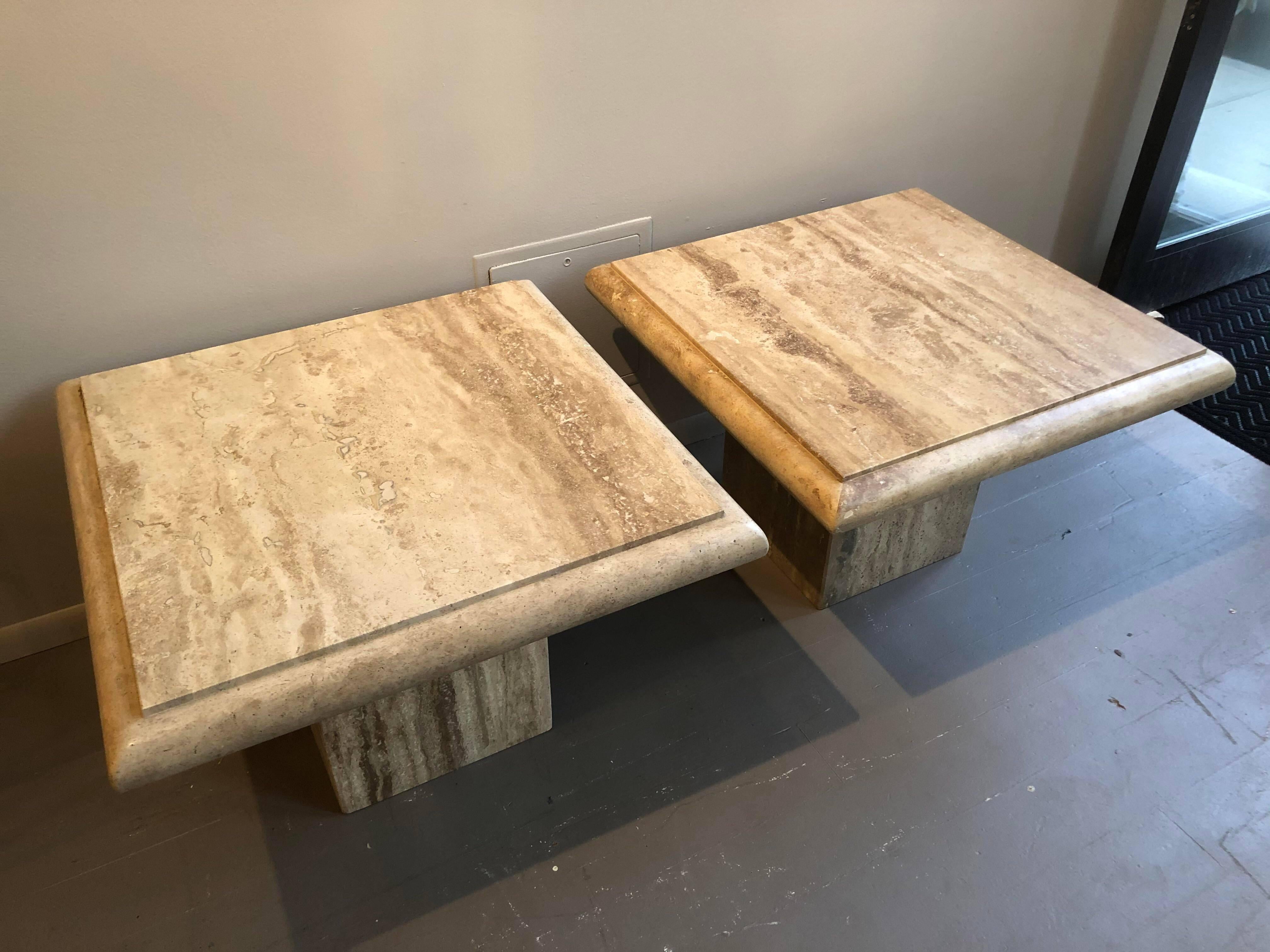 1980s Stone International Travertine Side Tables, a Pair In Good Condition In Chicago, IL