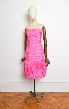 1980s Strapless Hot Pink Taffeta Ruched cocktail dress