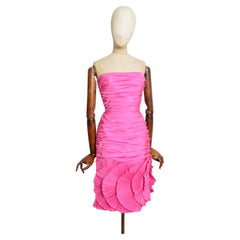 1980s Strapless Hot Pink Taffeta Ruched cocktail dress