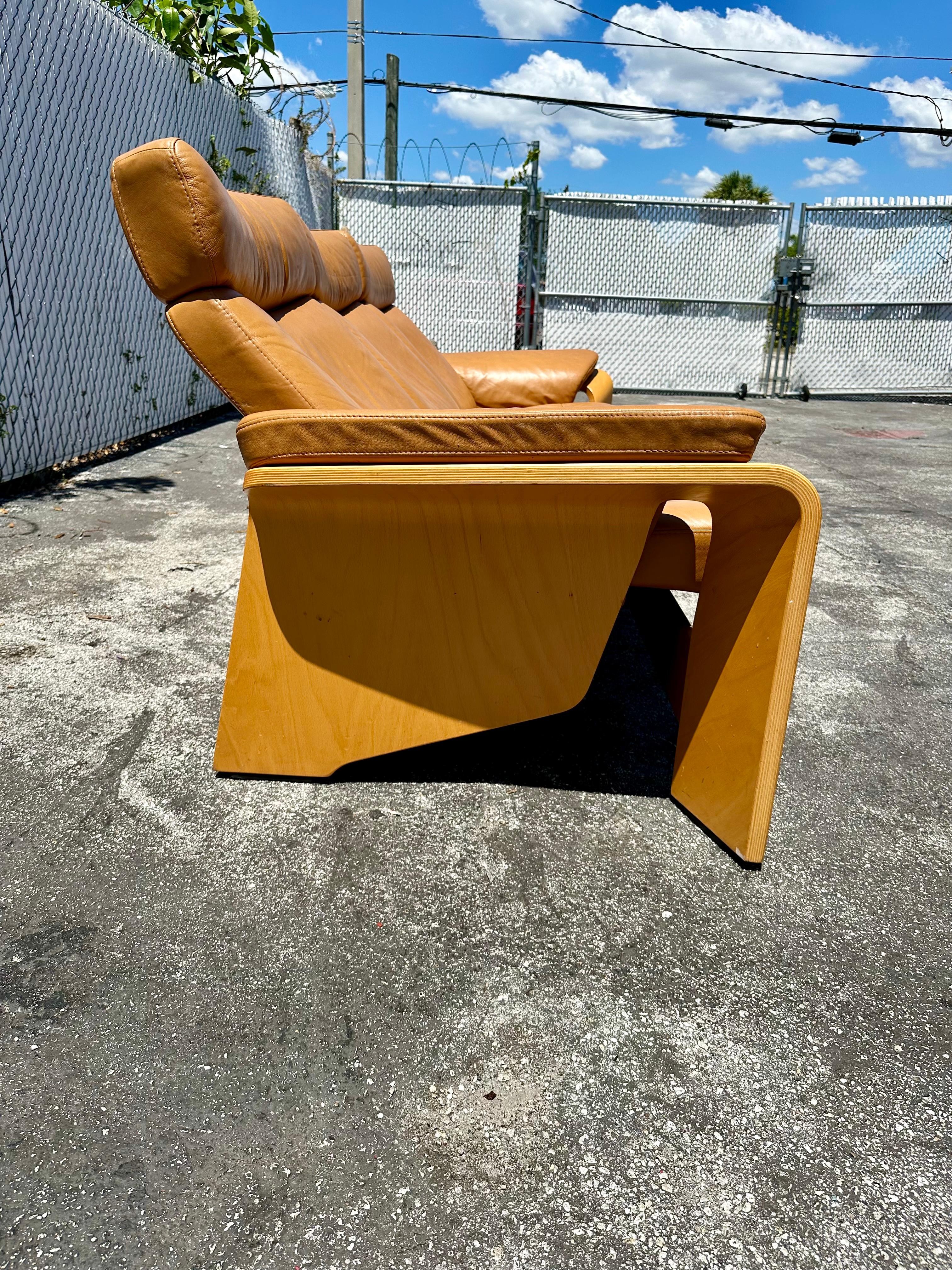 1980s Stressless Tan Leather Teak Wood Reclining Sofa For Sale 2