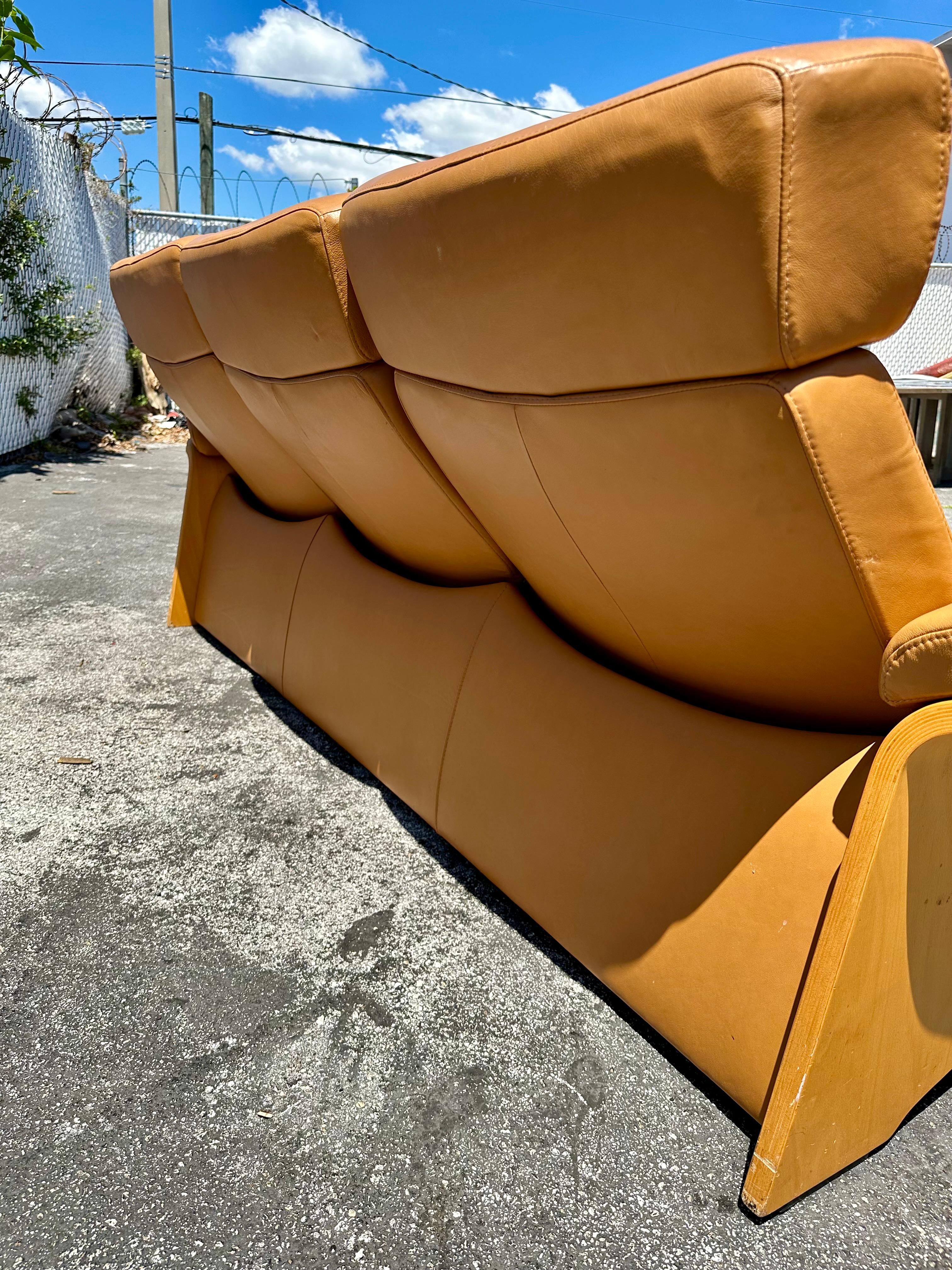 1980s Stressless Tan Leather Teak Wood Reclining Sofa For Sale 3