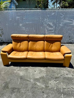 1980s Stressless Tan Leather Teak Wood Reclining Sofa