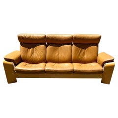 Used 1980s Stressless Tan Leather Teak Wood Reclining Sofa