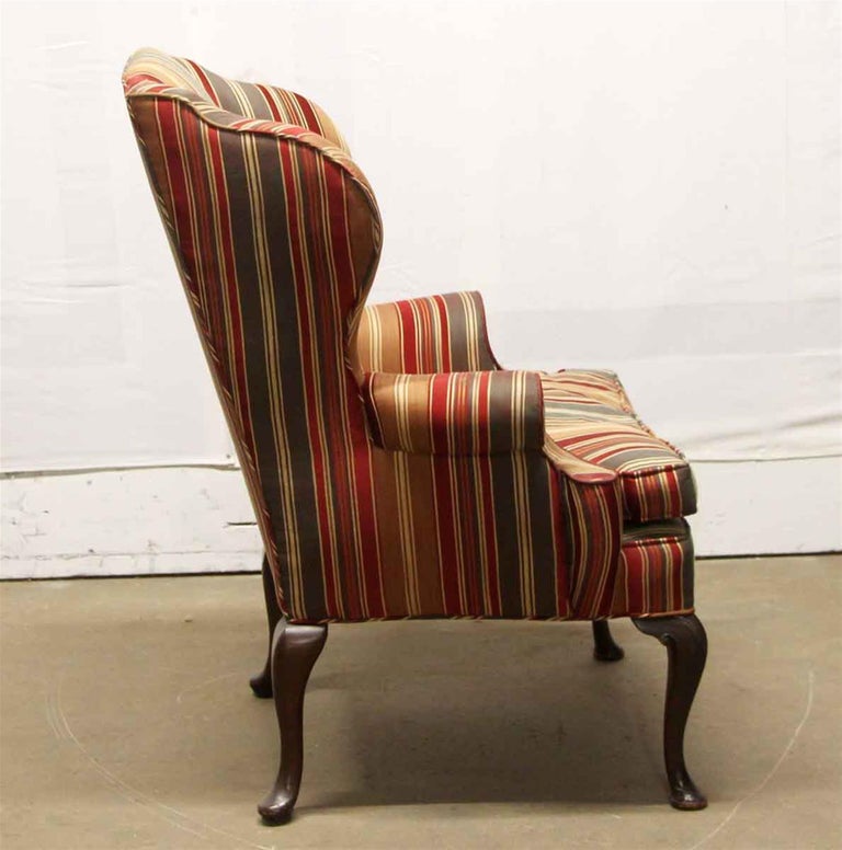 1980s Striped Upholstered Wing Back Armchair with Cabriole Legs For