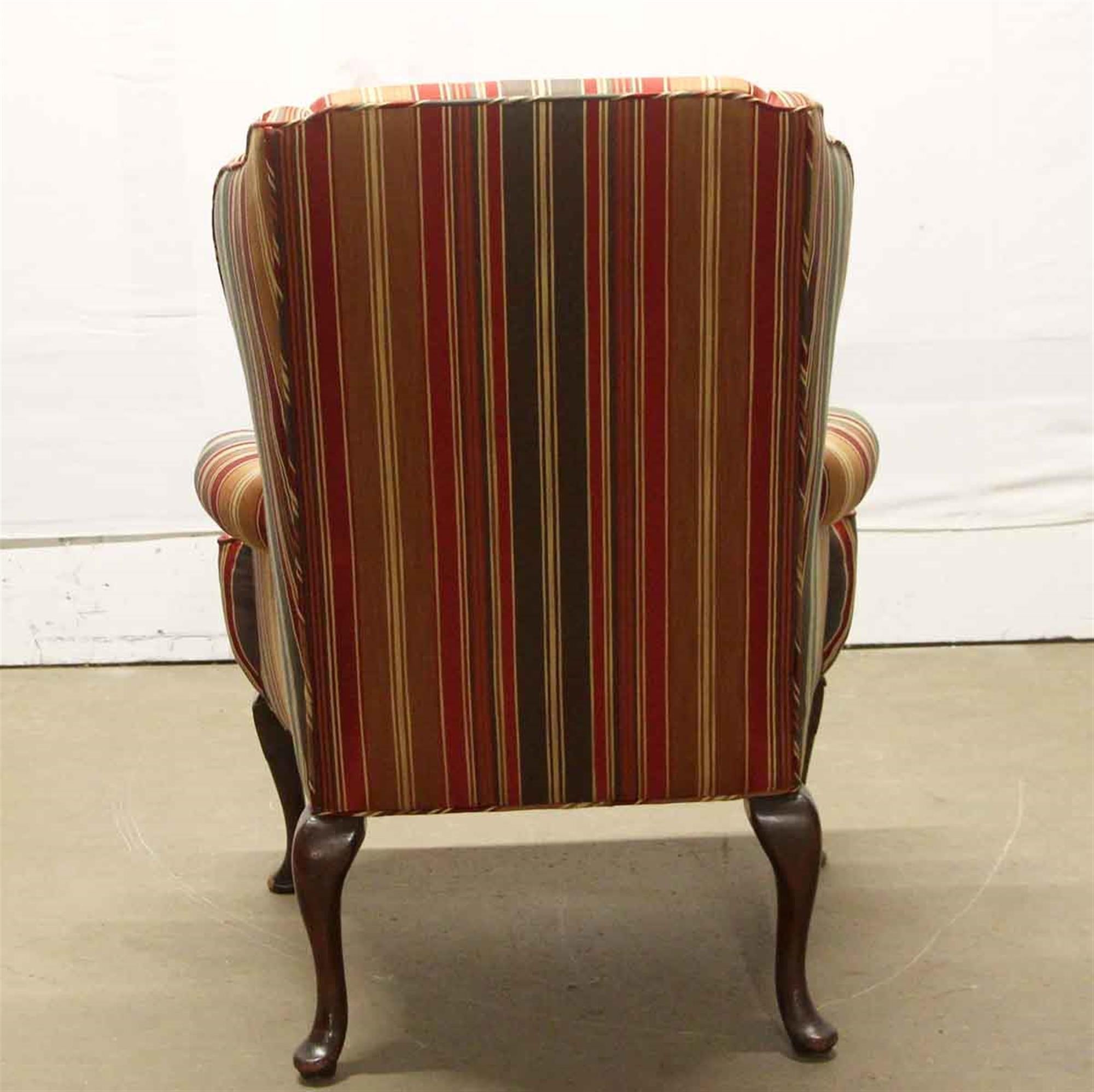 1980s Striped Upholstered Wing Back Armchair with Cabriole Legs In Good Condition In New York, NY