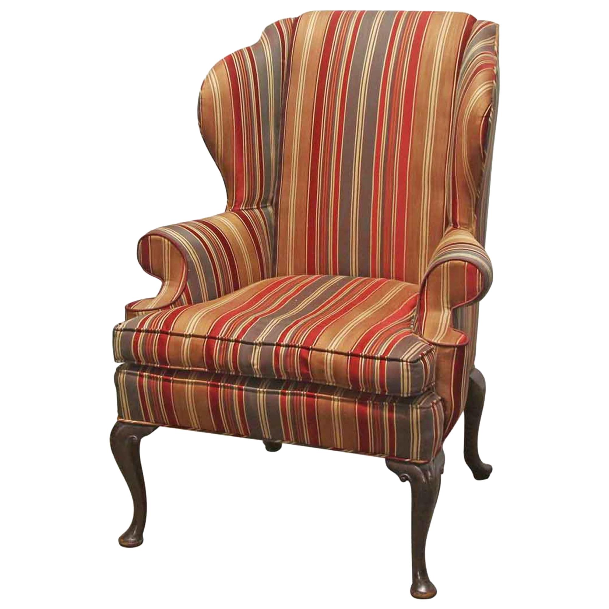 1980s Striped Upholstered Wing Back Armchair with Cabriole Legs