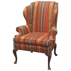 1980s Striped Upholstered Wing Back Armchair with Cabriole Legs