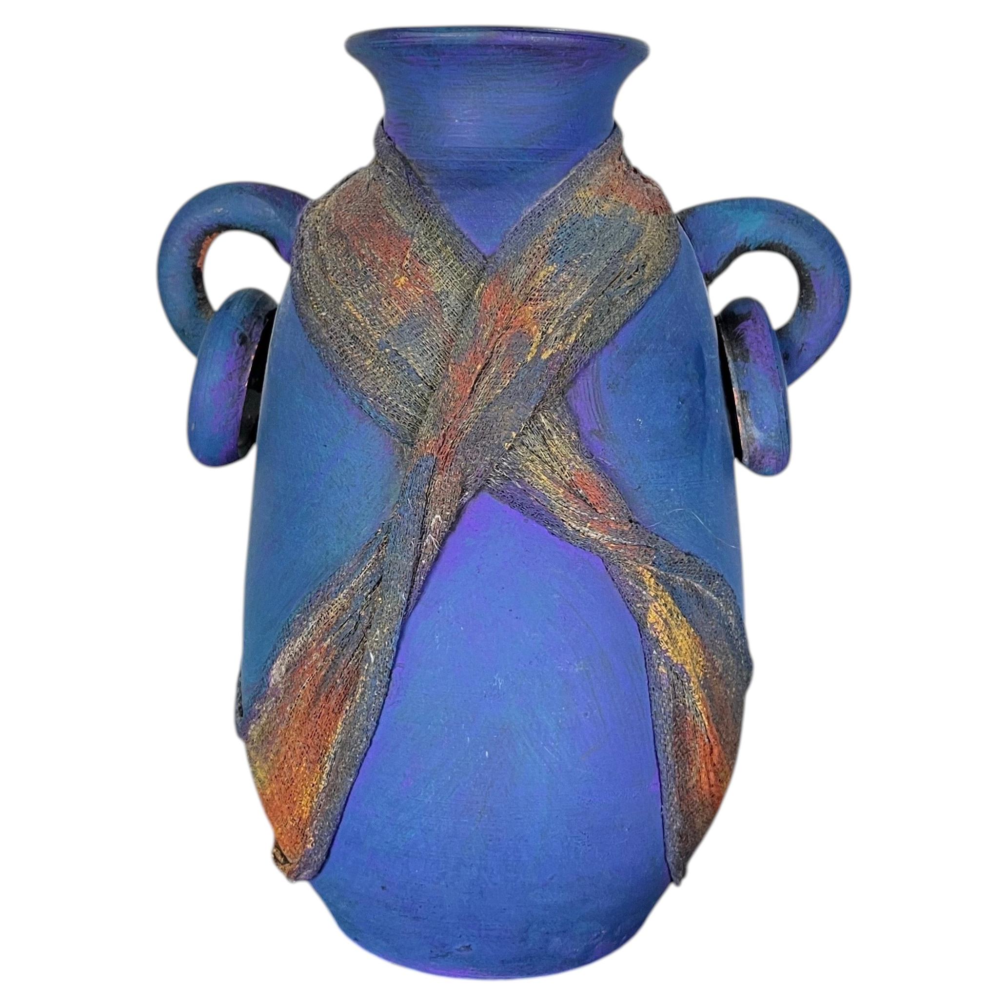 1980er Studio Art Pottery Raku Amphora Vase in schillerndem Kobaltblau