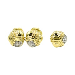 1980s Stylized Diamond Yellow and White Gold Cufflinks and Tie Tac Set by Cassis