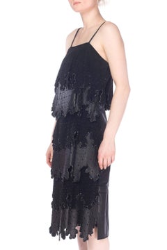 1980S Black Suede & Leather Beaded Spaghetti Strap  Cocktail Dress With Cut-Out