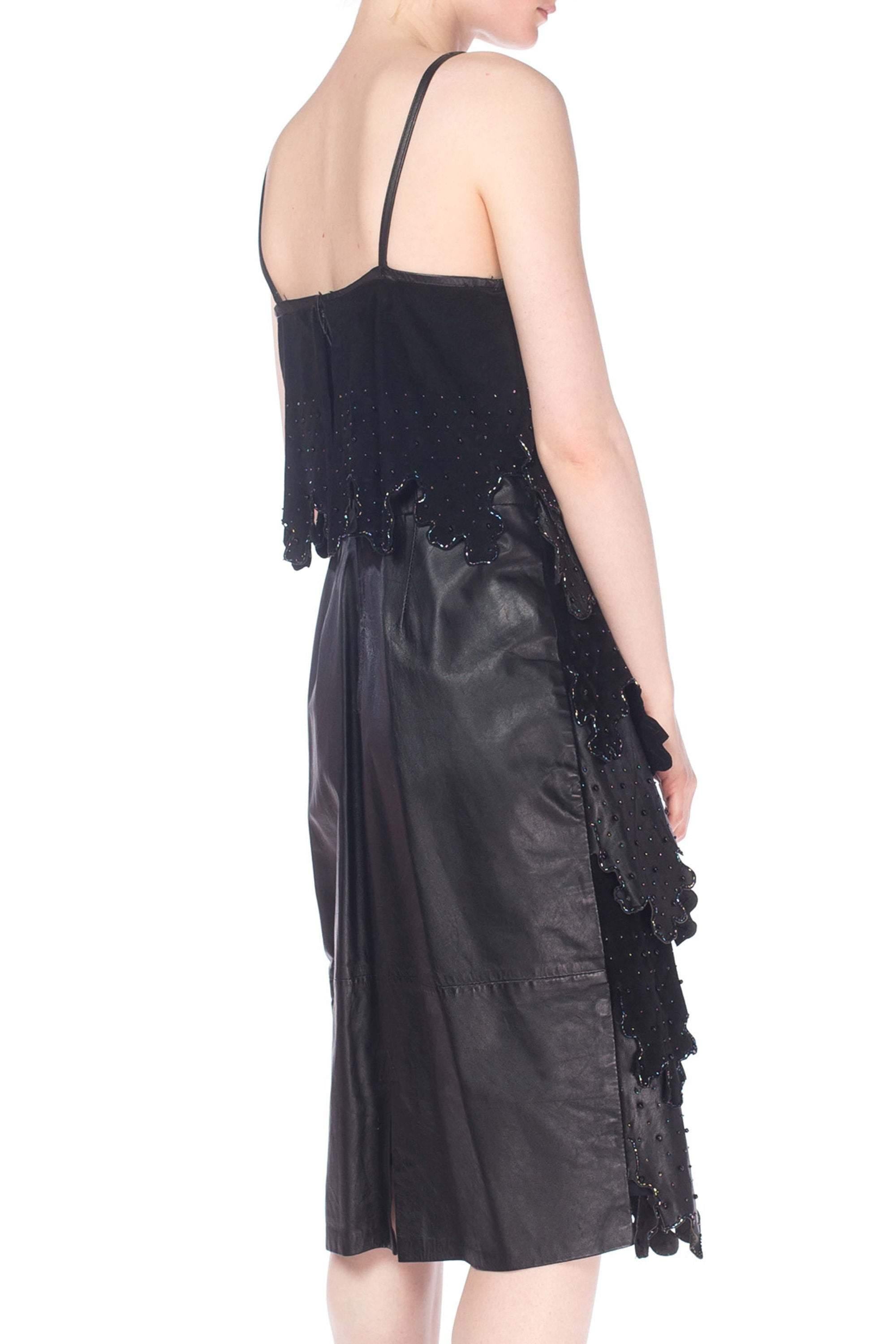 Women's 1980S Black Suede & Leather Beaded Spaghetti Strap  Cocktail Dress With Cut-Out For Sale
