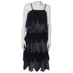 1980S Black Suede & Leather Beaded Spaghetti Strap  Cocktail Dress With Cut-Out