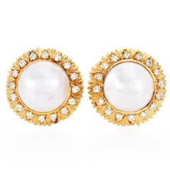 1980's Sunflower Diamond Pearl 18k Gold Clip-on Stud Earrings