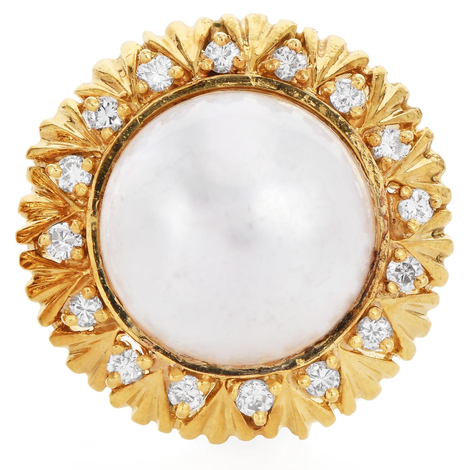  1980er Jahre Sonnenblumen-Diamant-Perlen-Ohrstecker aus 18k Gold mit Clip im Zustand „Hervorragend“ im Angebot in Miami, FL