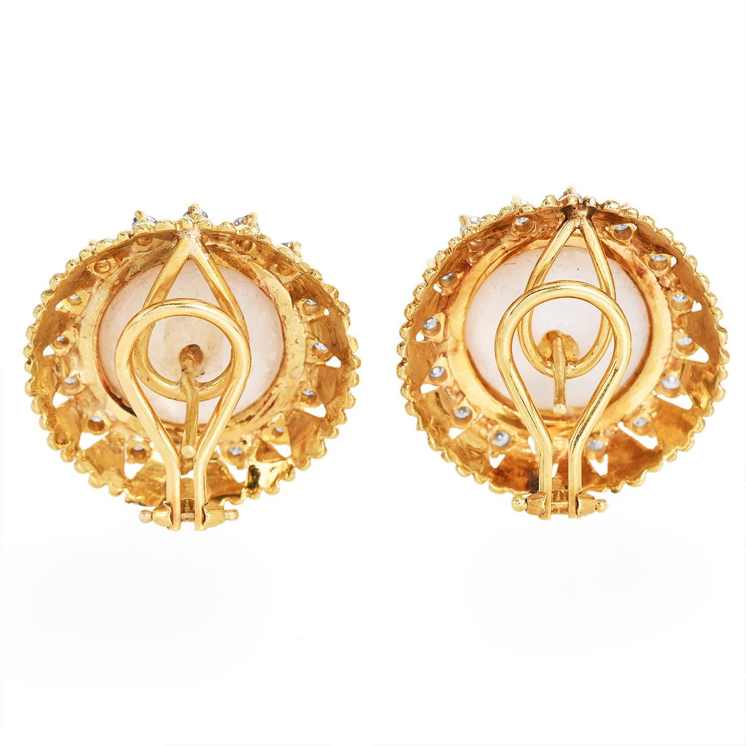  1980's Sunflower Diamond Pearl 18k Gold Clip-on Stud Earrings For Sale 1