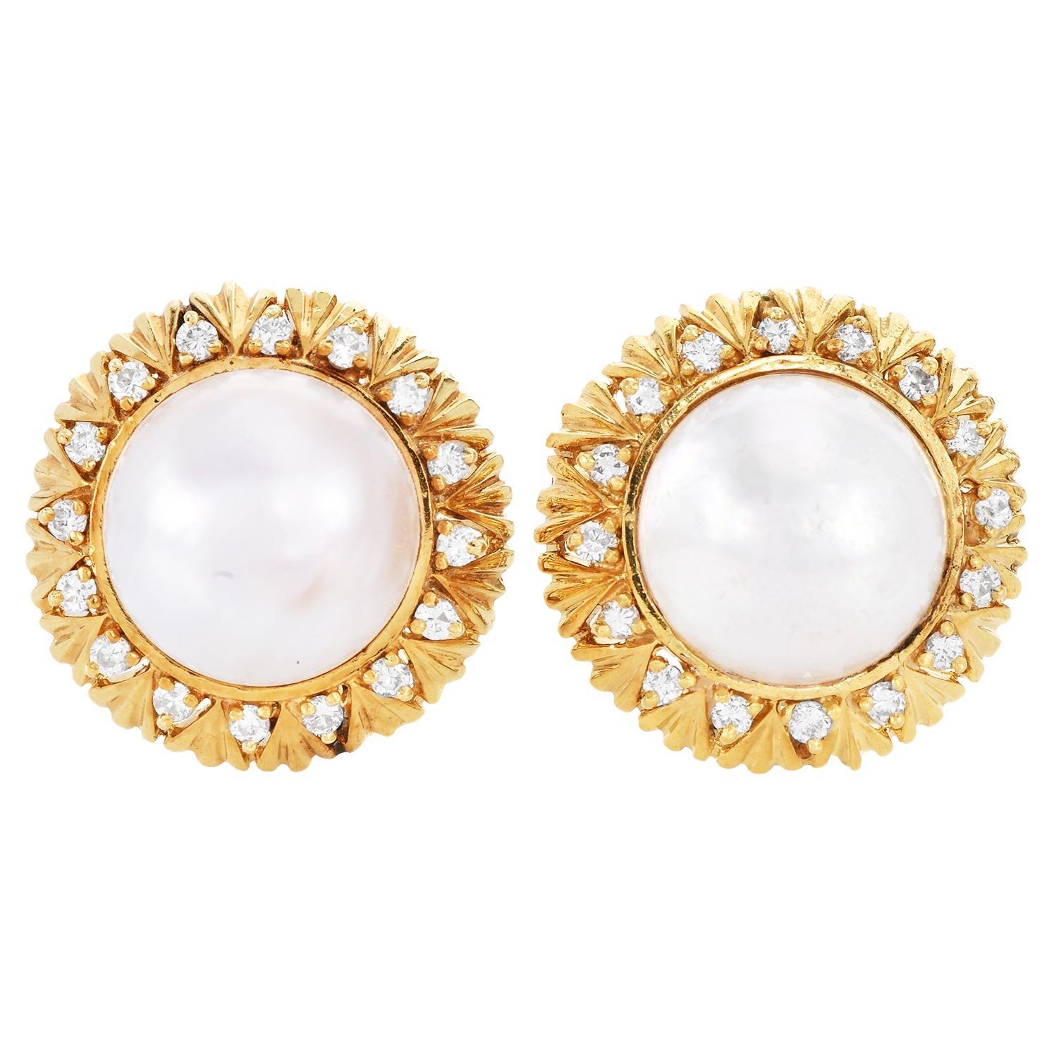  1980's Sunflower Diamond Pearl 18k Gold Clip-on Stud Earrings For Sale