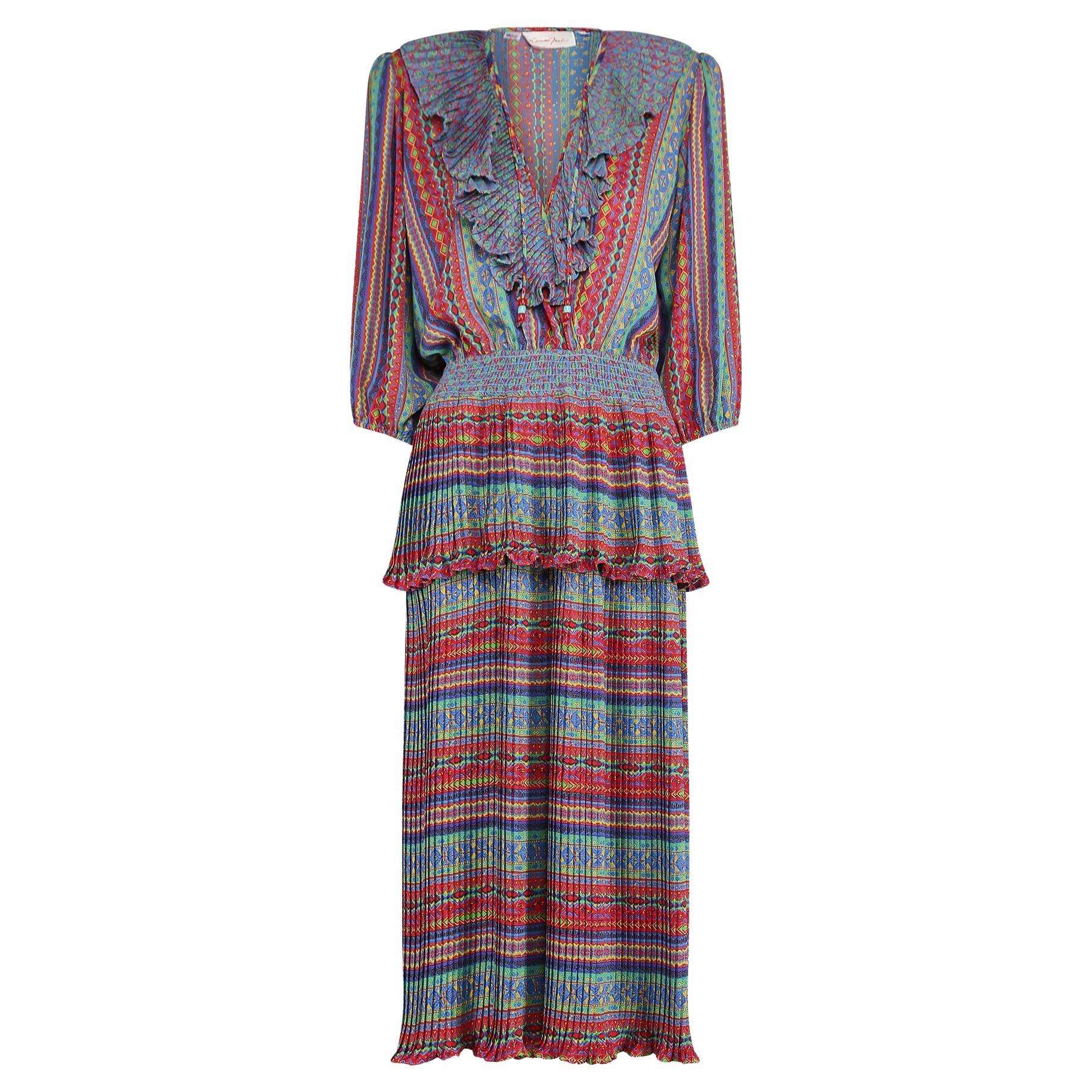 1980s Susan Fryer Geometric Print Dress with Smocking For Sale
