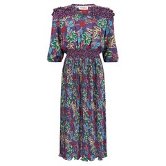 1980s Susan Fryer Purple Floral Print Dress with Smocking