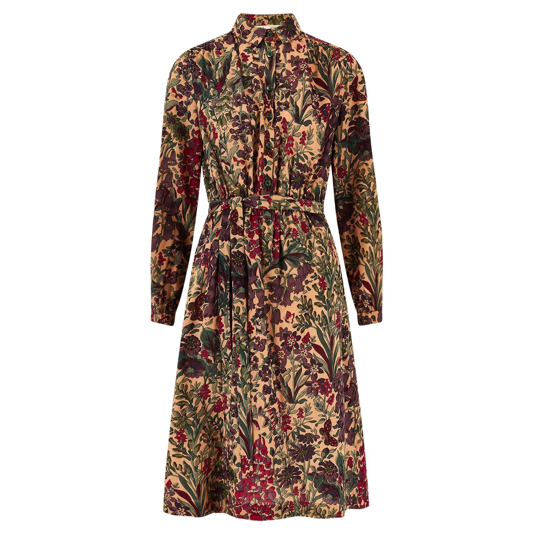 1980s Susan Small for Liberty Beige Purple Green Wool Dress en vente
