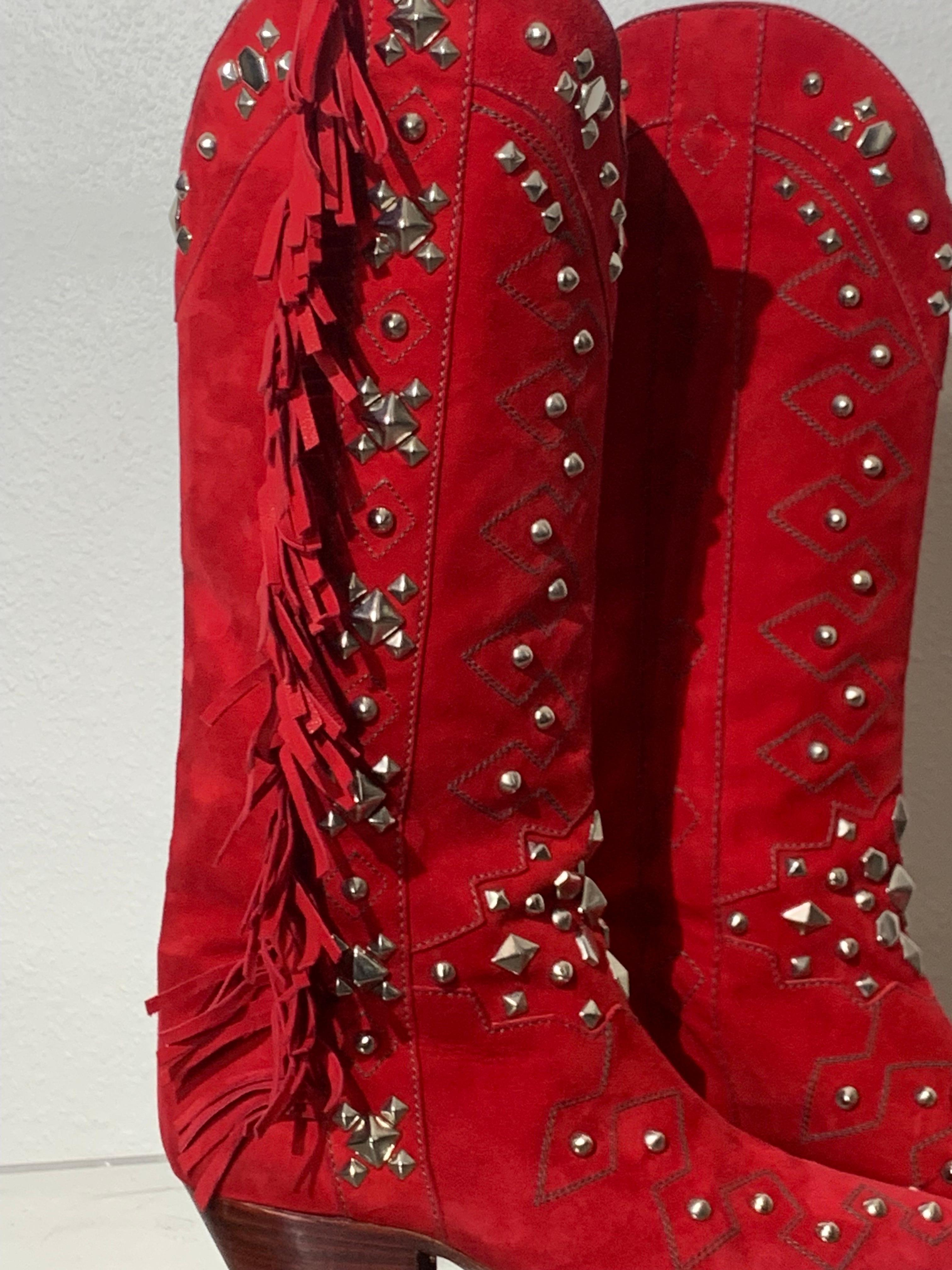 1980s Susan Warren Edwards Red Suede Fringed and Studded Cowbow Western Boots For Sale 7