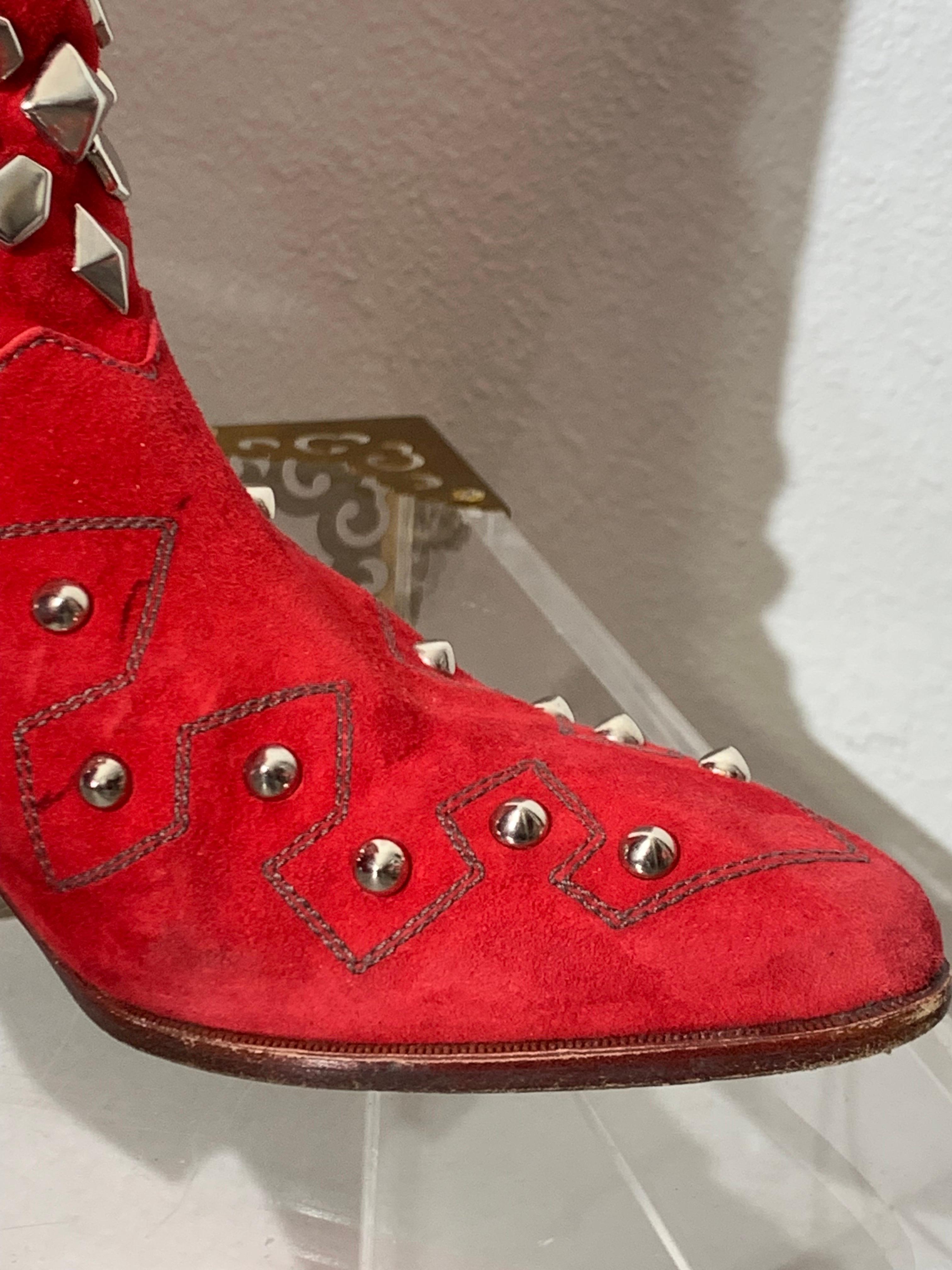 1980s Susan Warren Edwards Red Suede Fringed and Studded Cowbow Western Boots For Sale 8