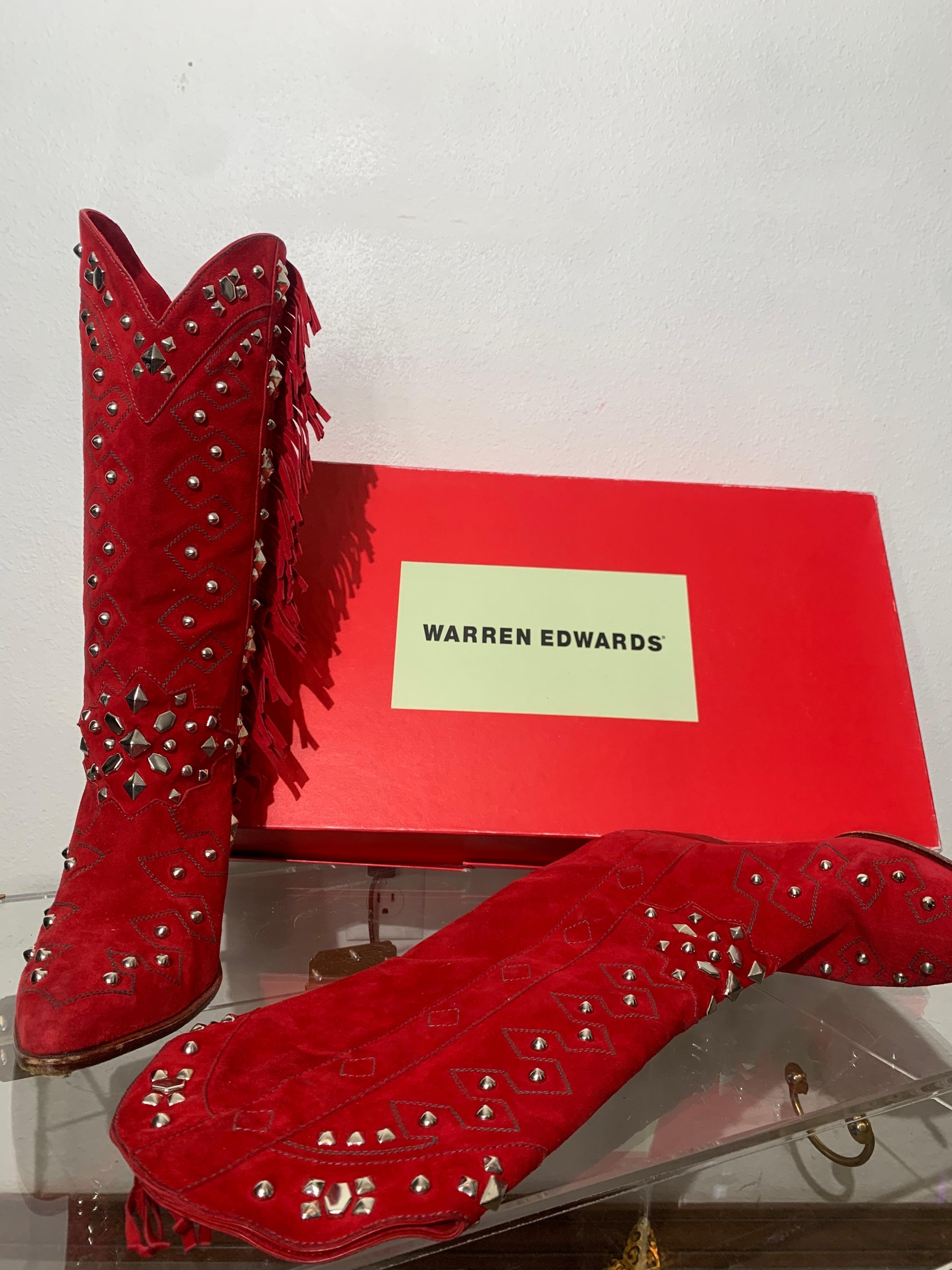 1980s Susan Warren Edwards Red Suede Fringed and Studded Cowbow Western Boots For Sale 9