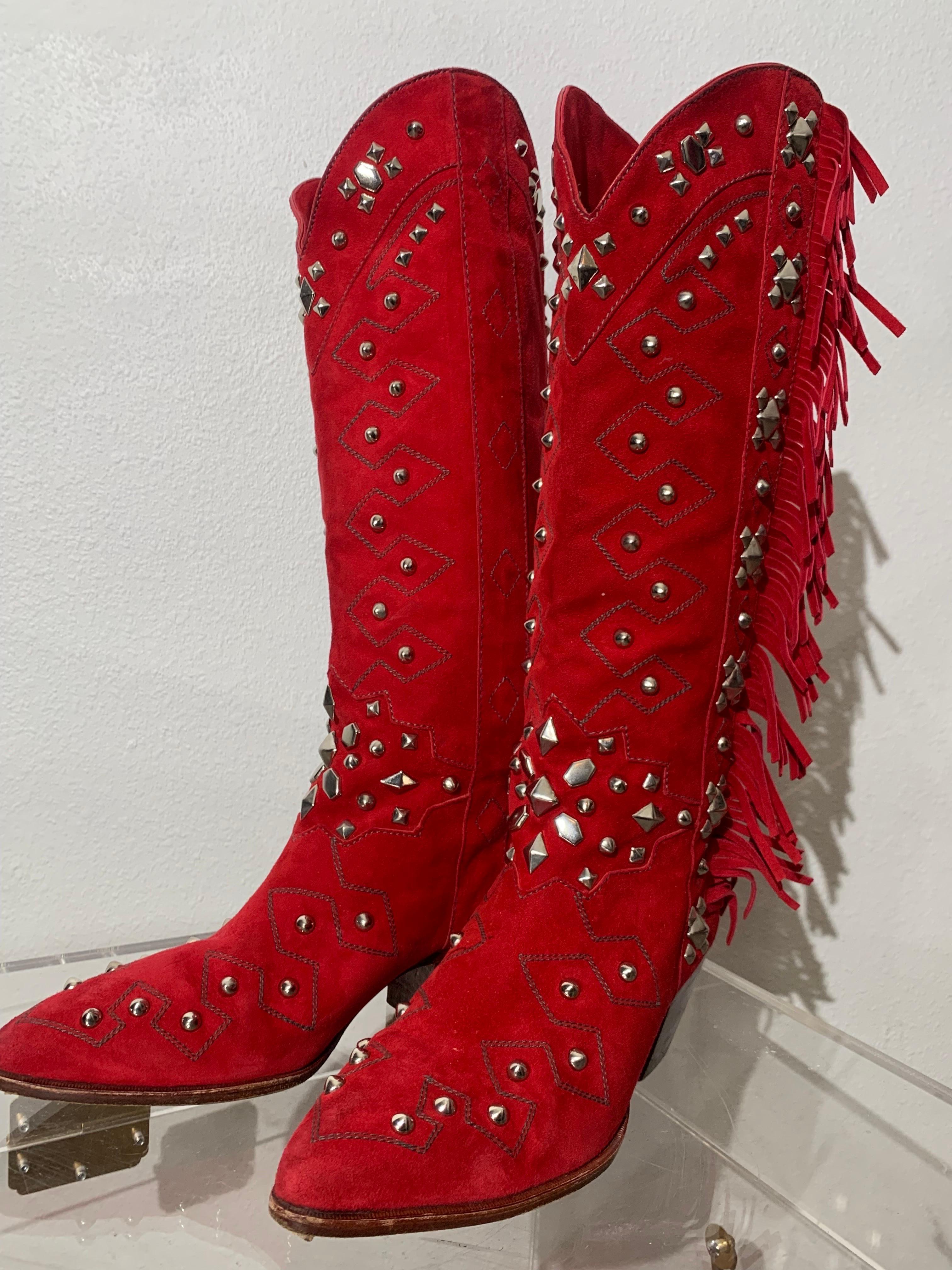 1980s Susan Warren Edwards Red Suede Fringed and Studded Cowbow Western Boots In Excellent Condition For Sale In Gresham, OR