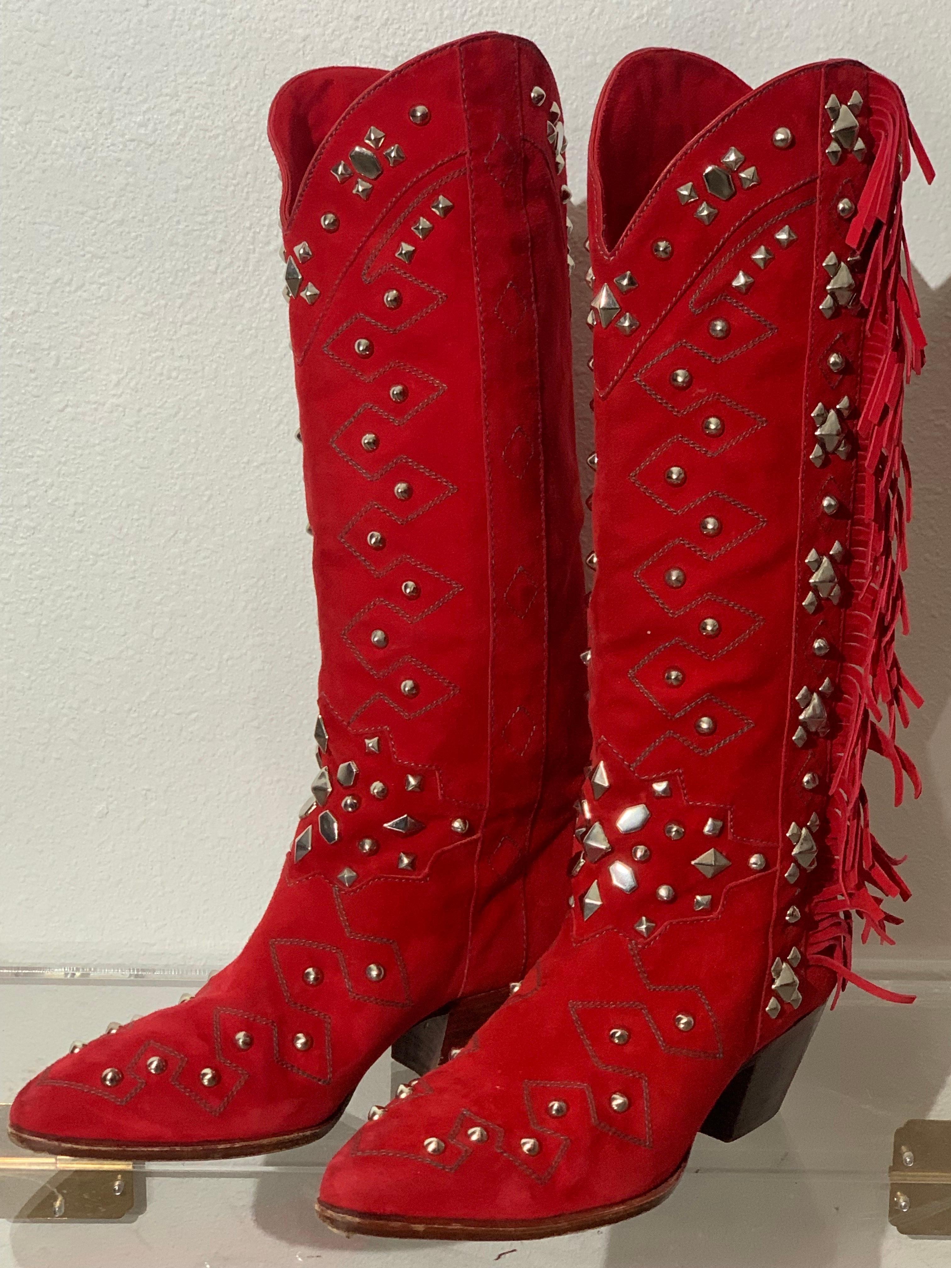 Women's 1980s Susan Warren Edwards Red Suede Fringed and Studded Cowbow Western Boots For Sale