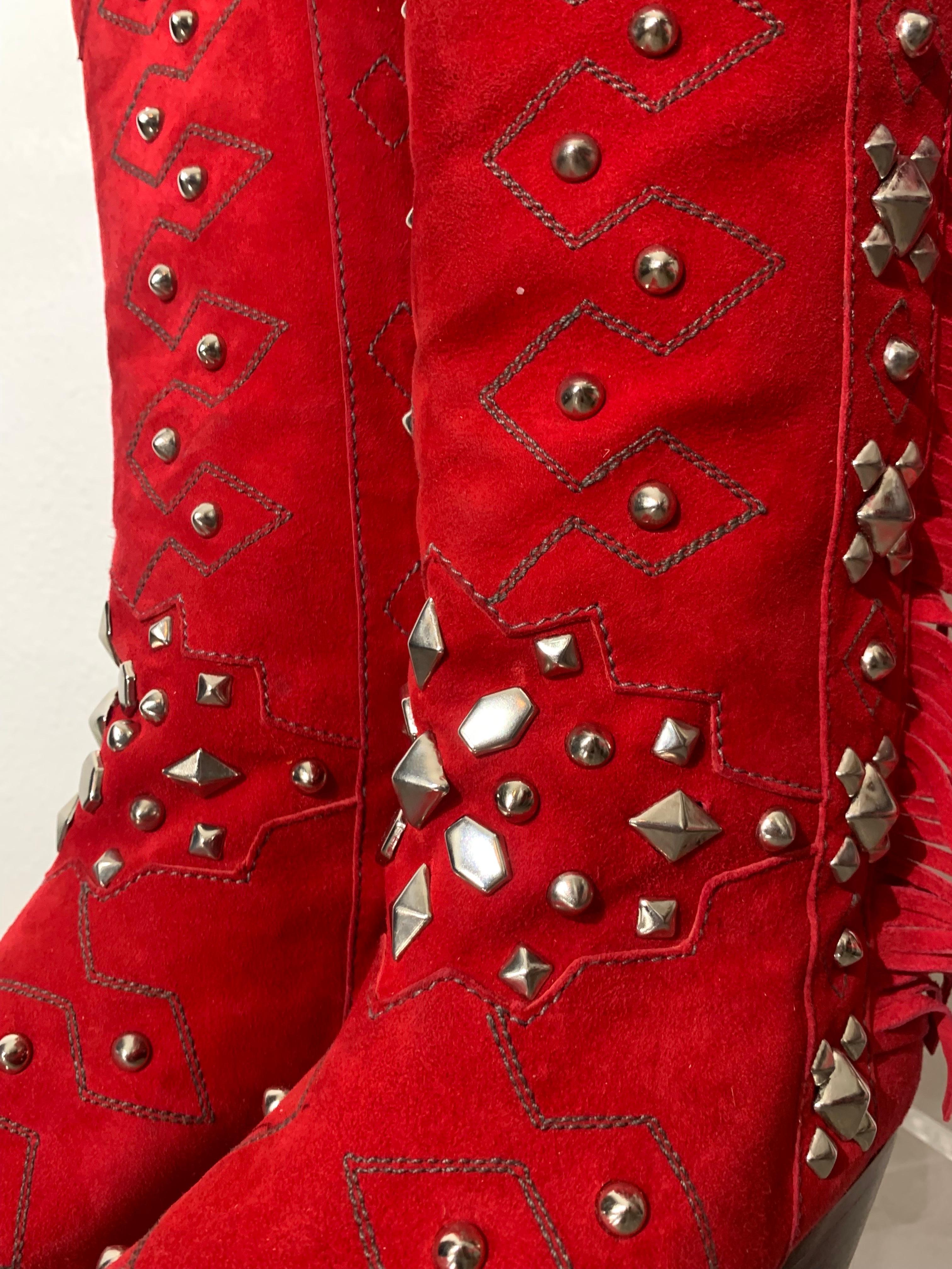1980s Susan Warren Edwards Red Suede Fringed and Studded Cowbow Western Boots For Sale 1