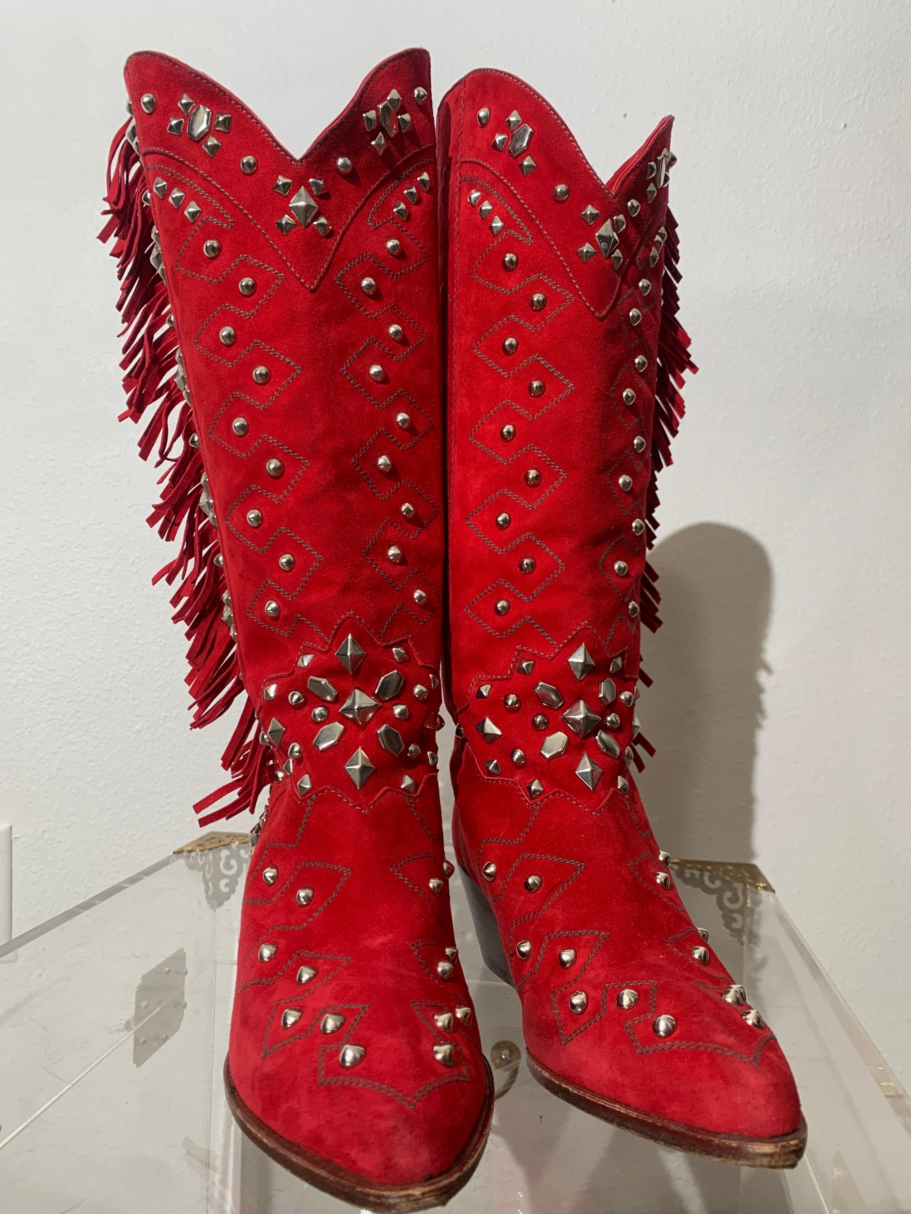 1980s Susan Warren Edwards Red Suede Fringed and Studded Cowbow Western Boots For Sale 2