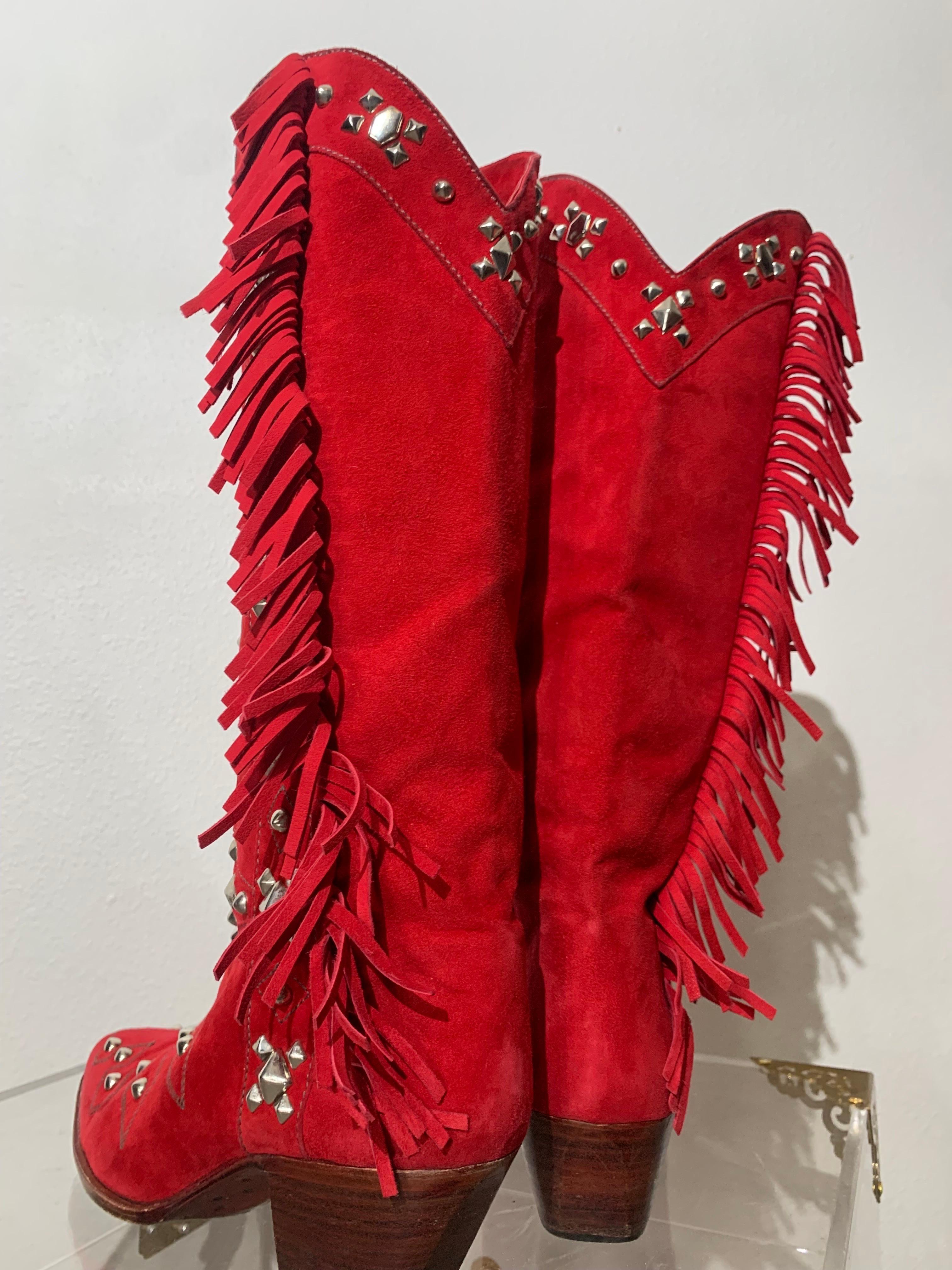 1980s Susan Warren Edwards Red Suede Fringed and Studded Cowbow Western Boots For Sale 3