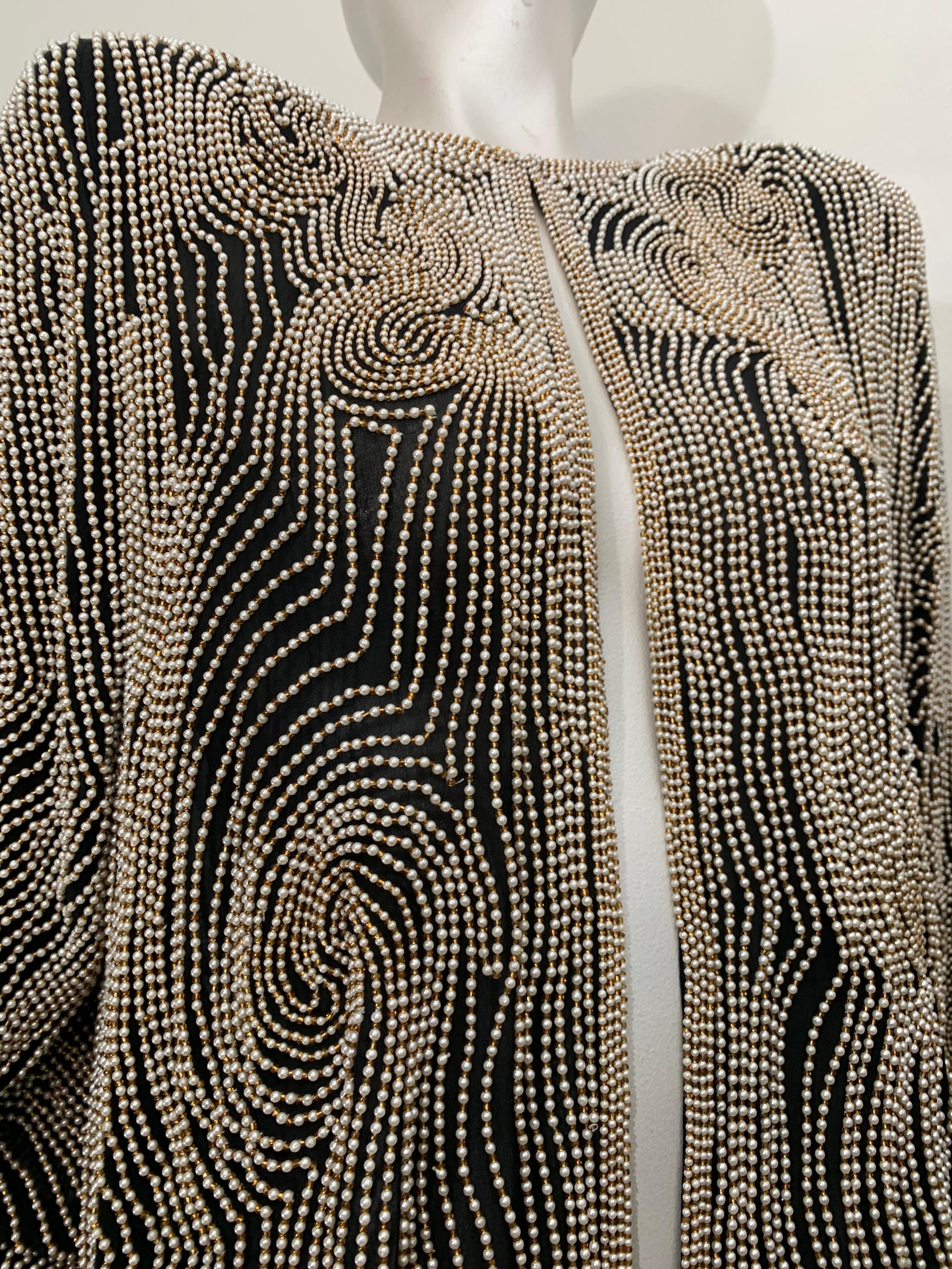 1980s SUZ Black Silk Jacket Heavily Encrusted w Faux Pearls in a Cloud Motif In Excellent Condition For Sale In Gresham, OR