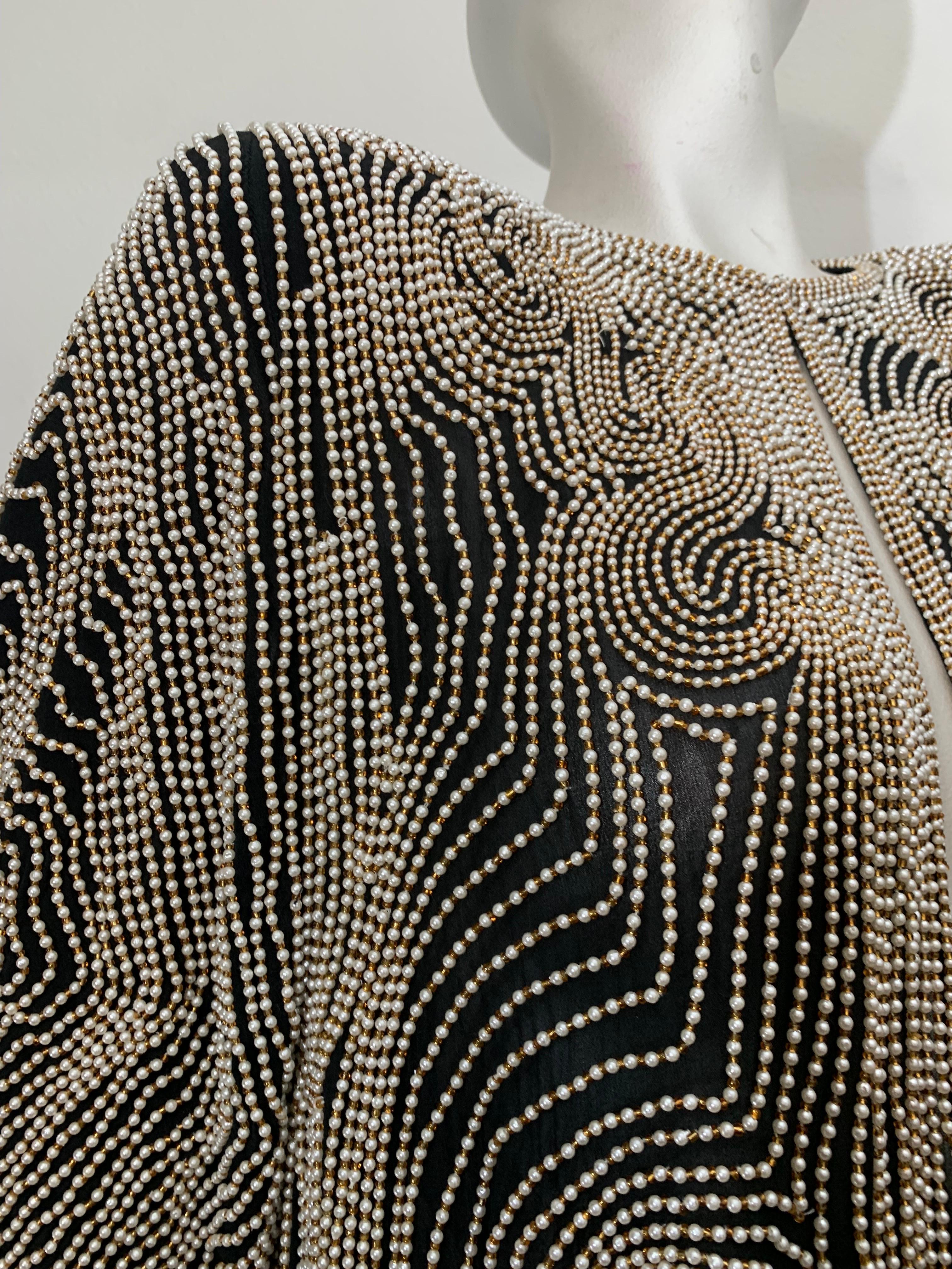 1980s SUZ Black Silk Jacket Heavily Encrusted w Faux Pearls in a Cloud Motif For Sale 2