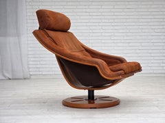Poltrona girevole Wood degli anni '80, pelle nubuck, tela, legno di faggio curvato.