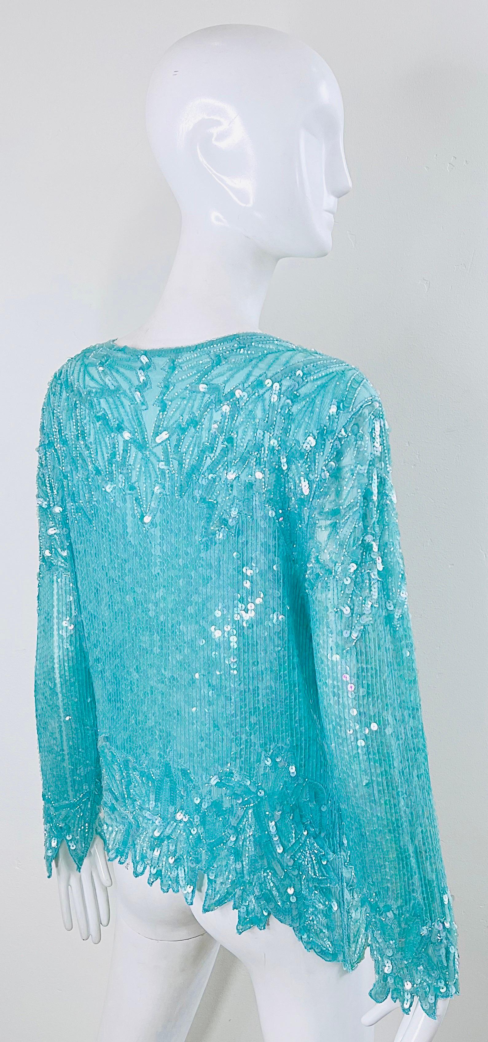 1980s Swee Lo Turquoise Blue Sequin Beaded Silk Chiffon Vintage 80s Blouse For Sale 6