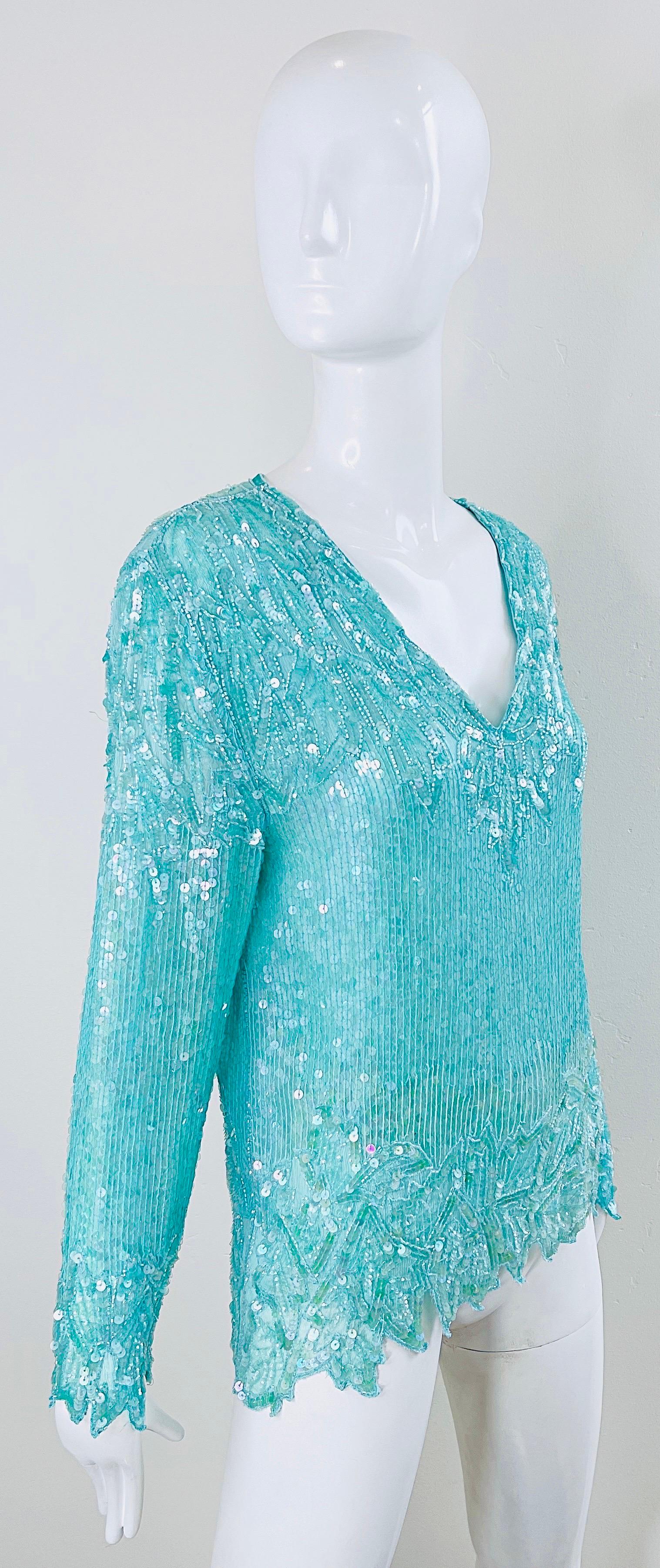 1980s Swee Lo Turquoise Blue Sequin Beaded Silk Chiffon Vintage 80s Blouse For Sale 8