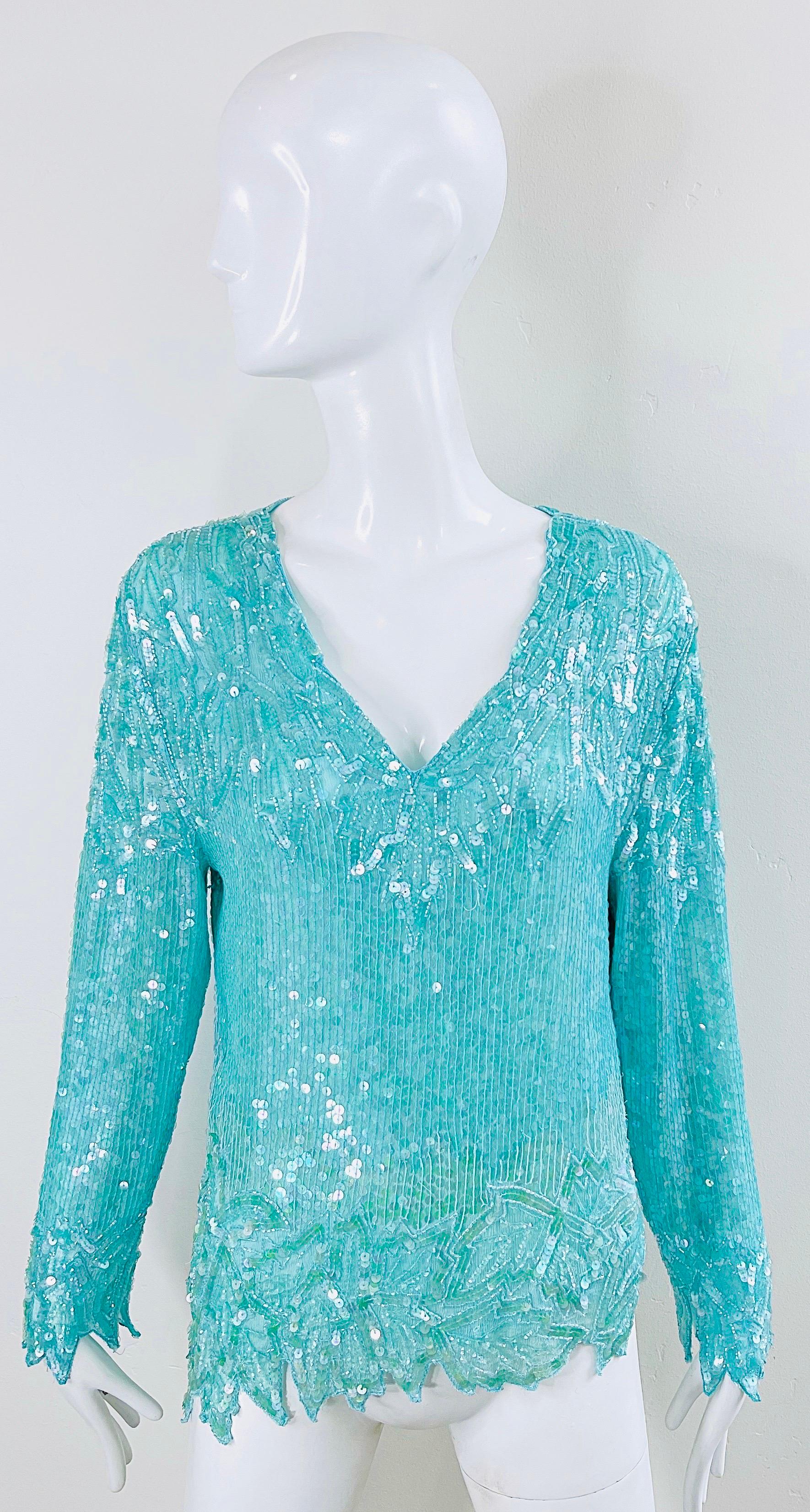 1980s Swee Lo Turquoise Blue Sequin Beaded Silk Chiffon Vintage 80s Blouse For Sale 11