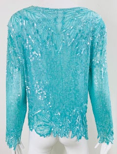 1980s Swee Lo Turquoise Blue Sequin Beaded Silk Chiffon Vintage 80s Blouse